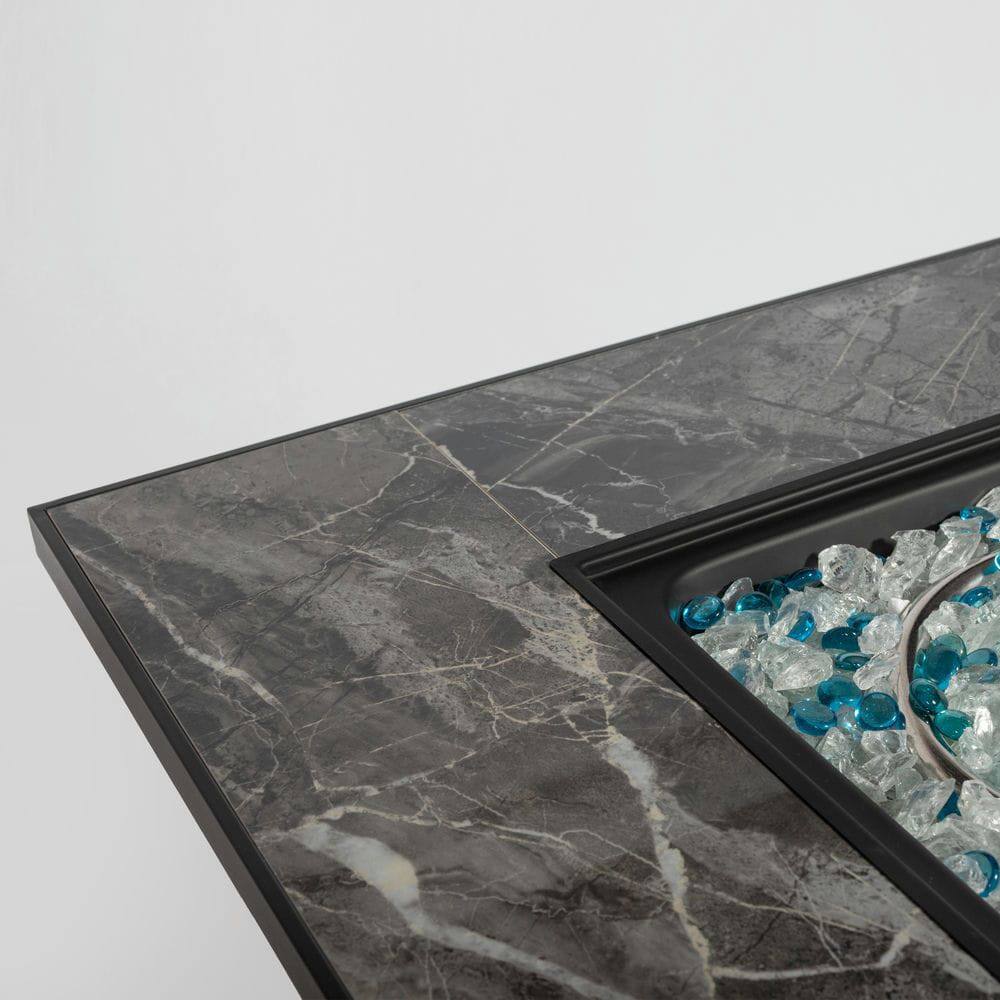 Left. Resenkos - 30" Propane Gas Fire Pit Table, 50000 BTU Square Fire Pit, Tile Tabletop with Beautiful Wicker Base, Brown.