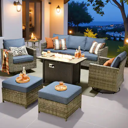 Front. Ovios - 7 PCS Patio Furniture Conversational Sofa with Swivel Chair, Side Table & 42" Fire Pit Table - Denim Blue.