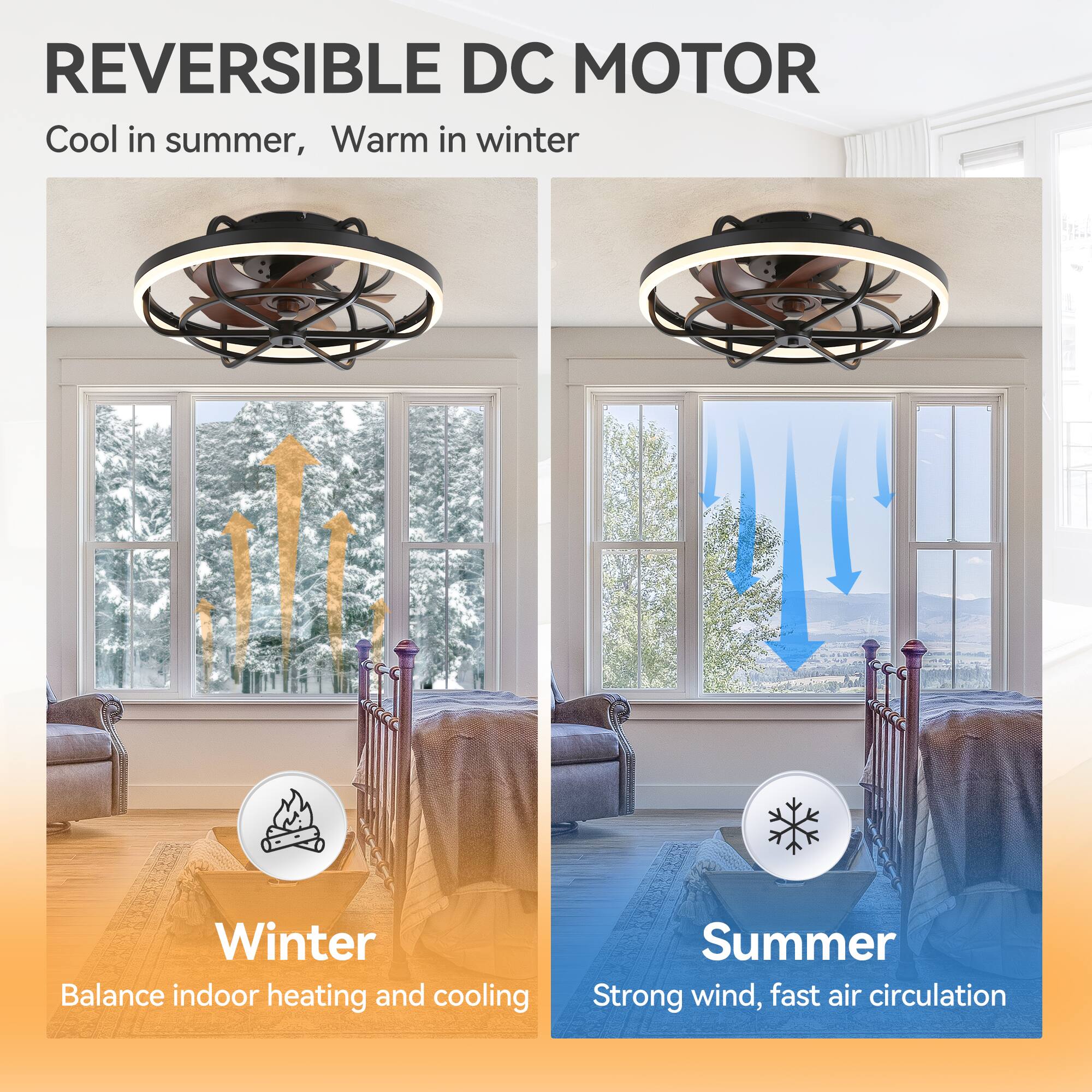 REVERSIBLE DC MOTOR
Cool in summer, Warm in winter
Winter Balance indoor heating and cooling
Summer Strong wind, fast air circulation
