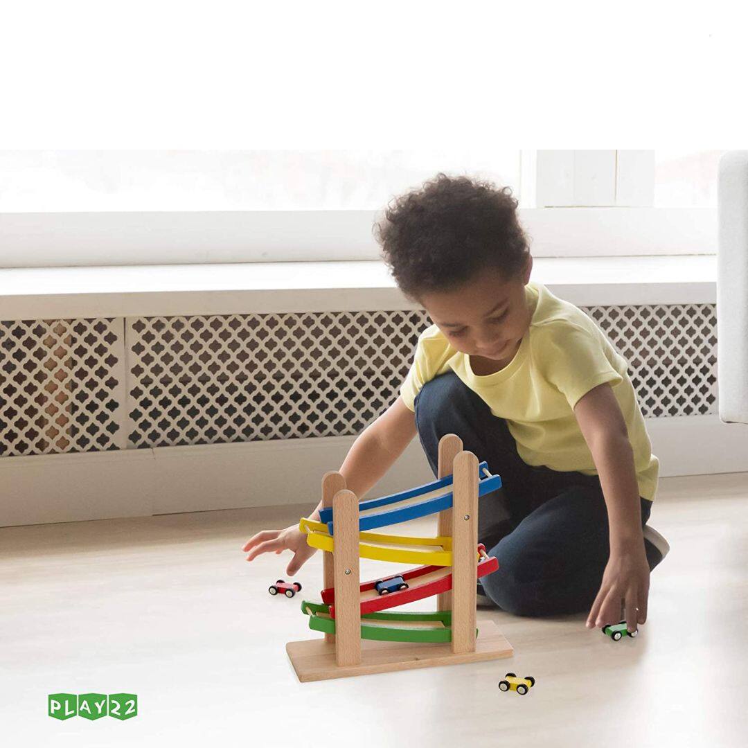Alt View 4. Play22 - 4 Level Toy Wooden Car Roller Ramp - Wooden Race Track Car Ramp Racer With 4 Wooden Cars - Toddler Race Car Ramp.