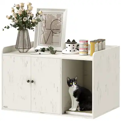 Front. Pawhut - Cat Litter Box Enclosure, 32" Hidden Litter Box Furniture, Pet Entrance, Indoor Cat House, Side End Table - White.