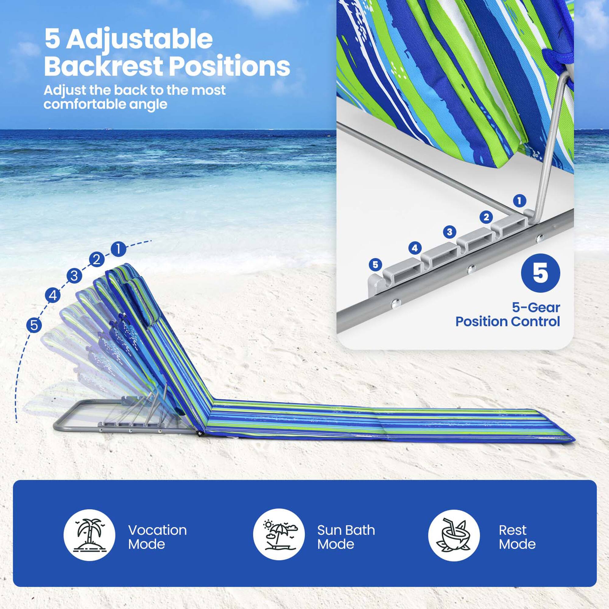 5 Adjustable Backrest Positions  
Adjust the back to the most comfortable angle  

5-Gear Position Control  

Vocation Mode  
Sun Bath Mode  
Rest Mode