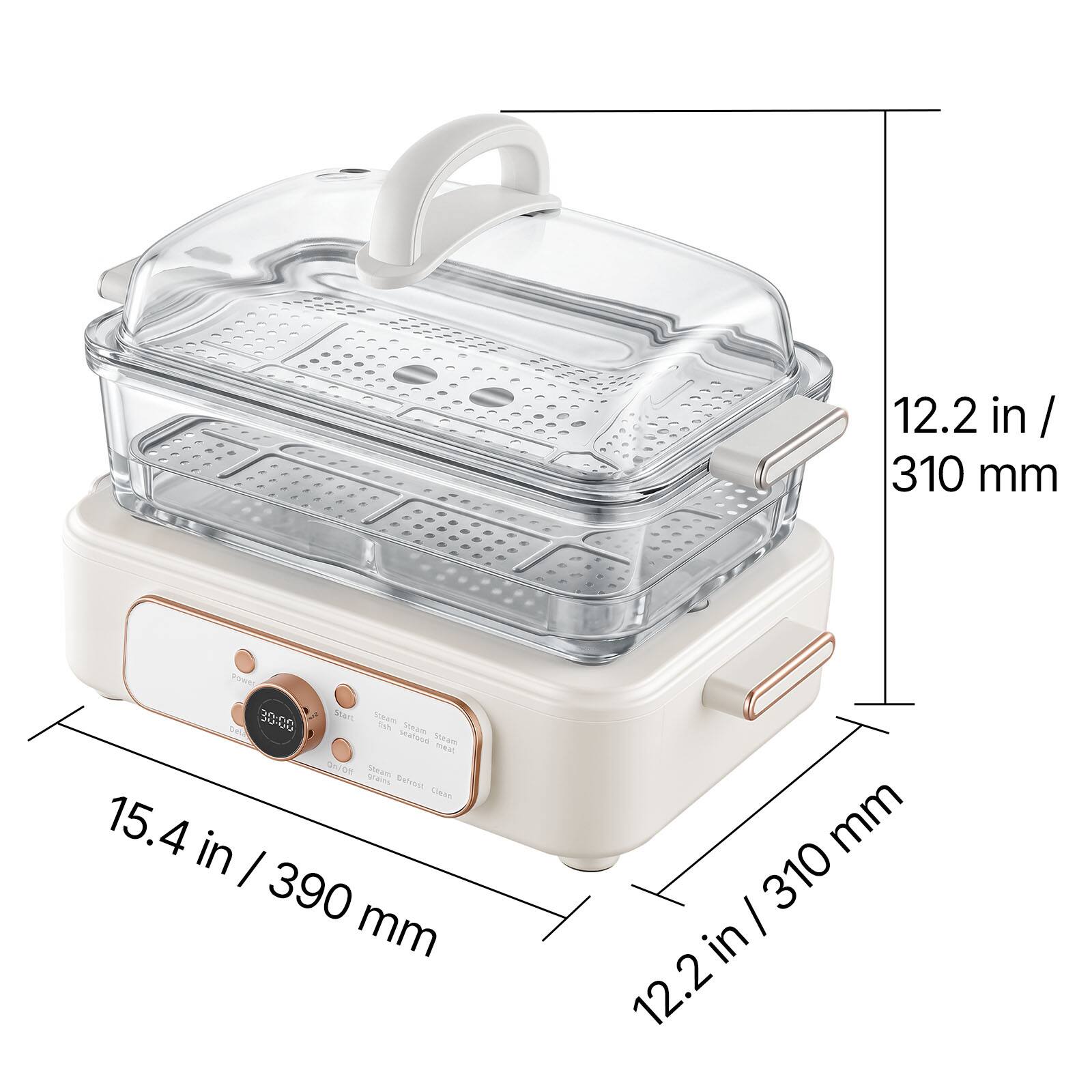 12.2 in / 310 mm  
30:00 Start Cream fish thum seafood Steam meat 0g/08 grains Steam Defrost Clean  
15.4 in / 390 mm