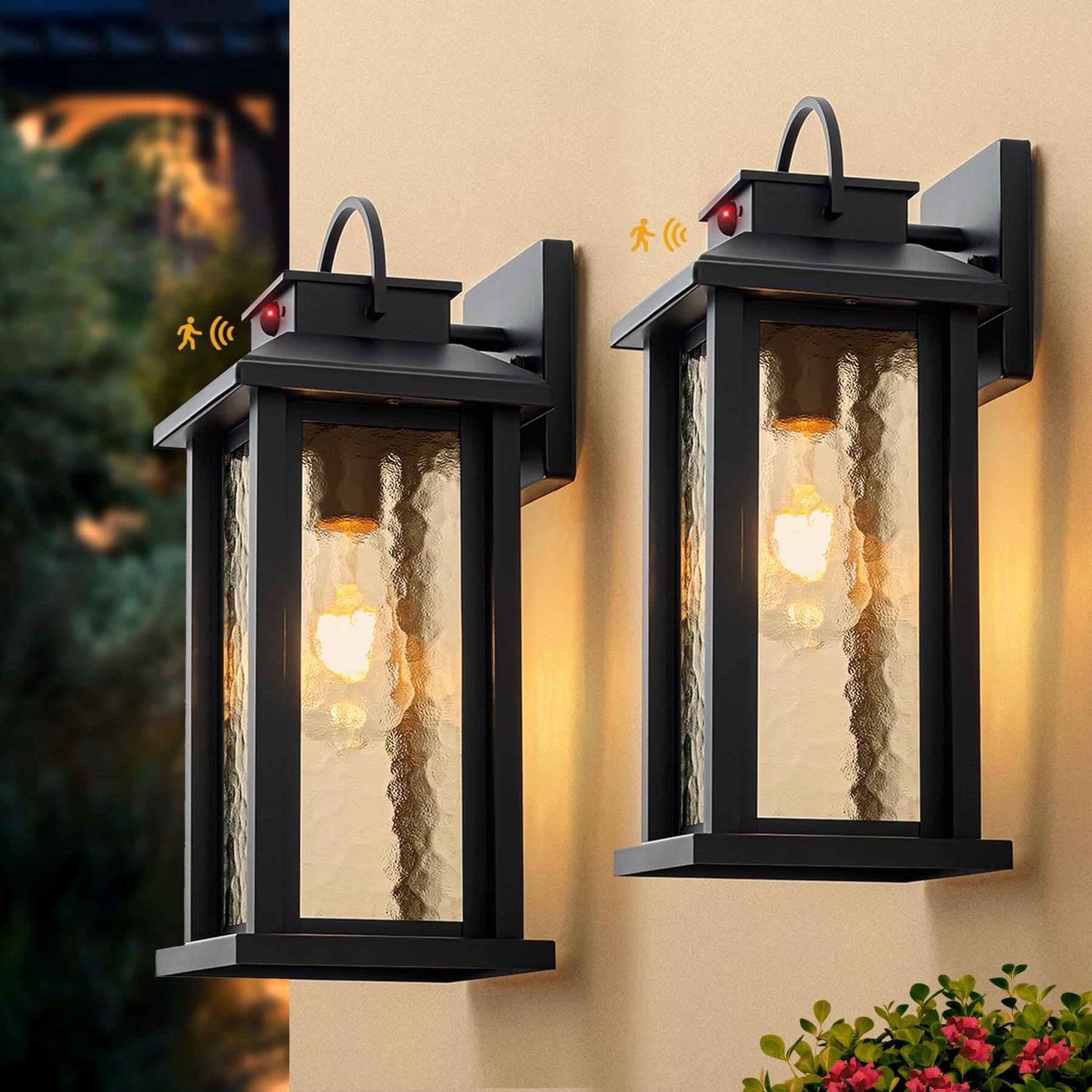 COTTAGE - Motion Sensor Outdoor Lights Dusk To Dawn Porch Light Fixture With Water Glass 3 Lighting Modes Exterior - 2 Pack with Motion Sensor
