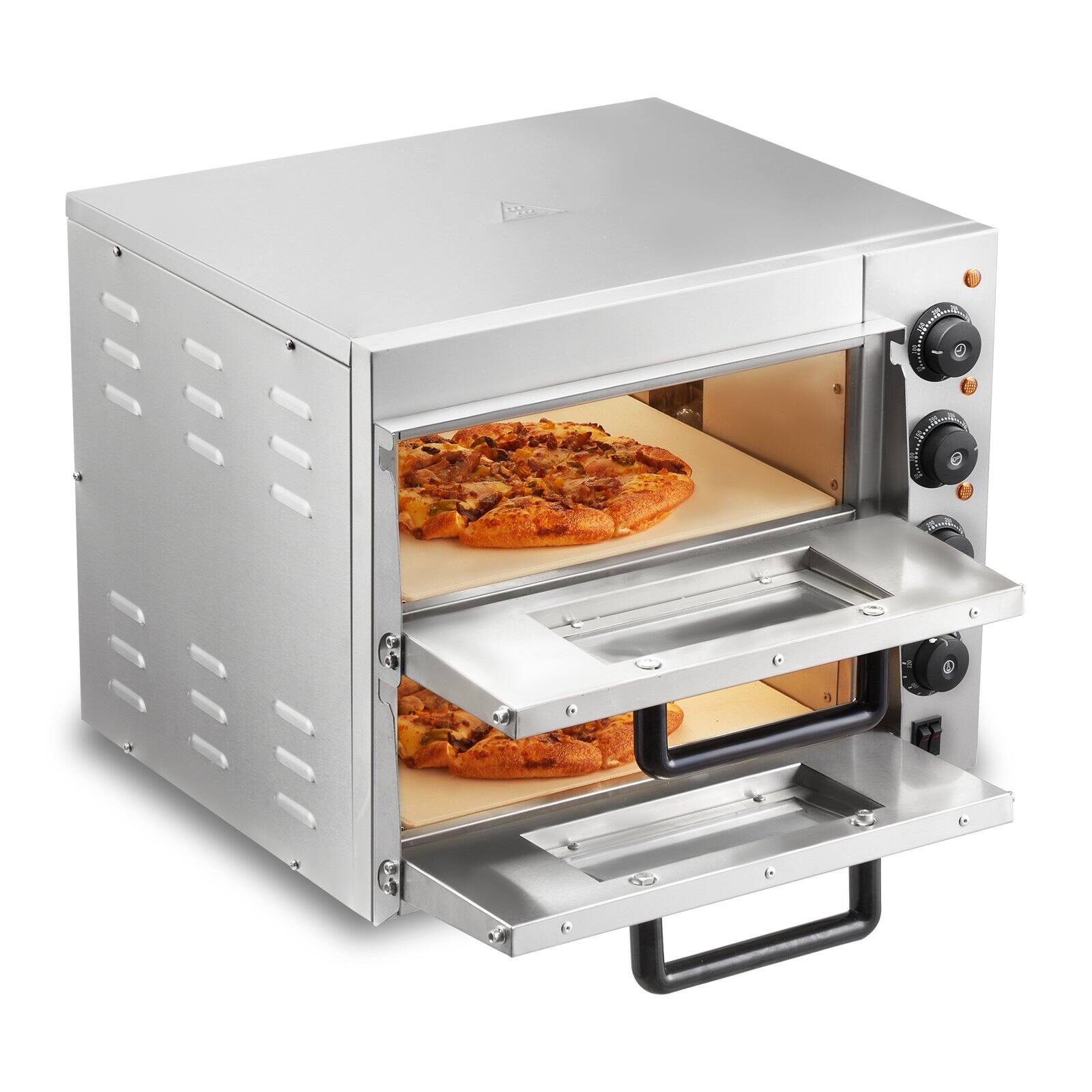 Front. Glintex - 14in Electric Pizza Oven Countertop, Adjustable Temp Control for Indoor Commercial Kitchen Use - Silver.