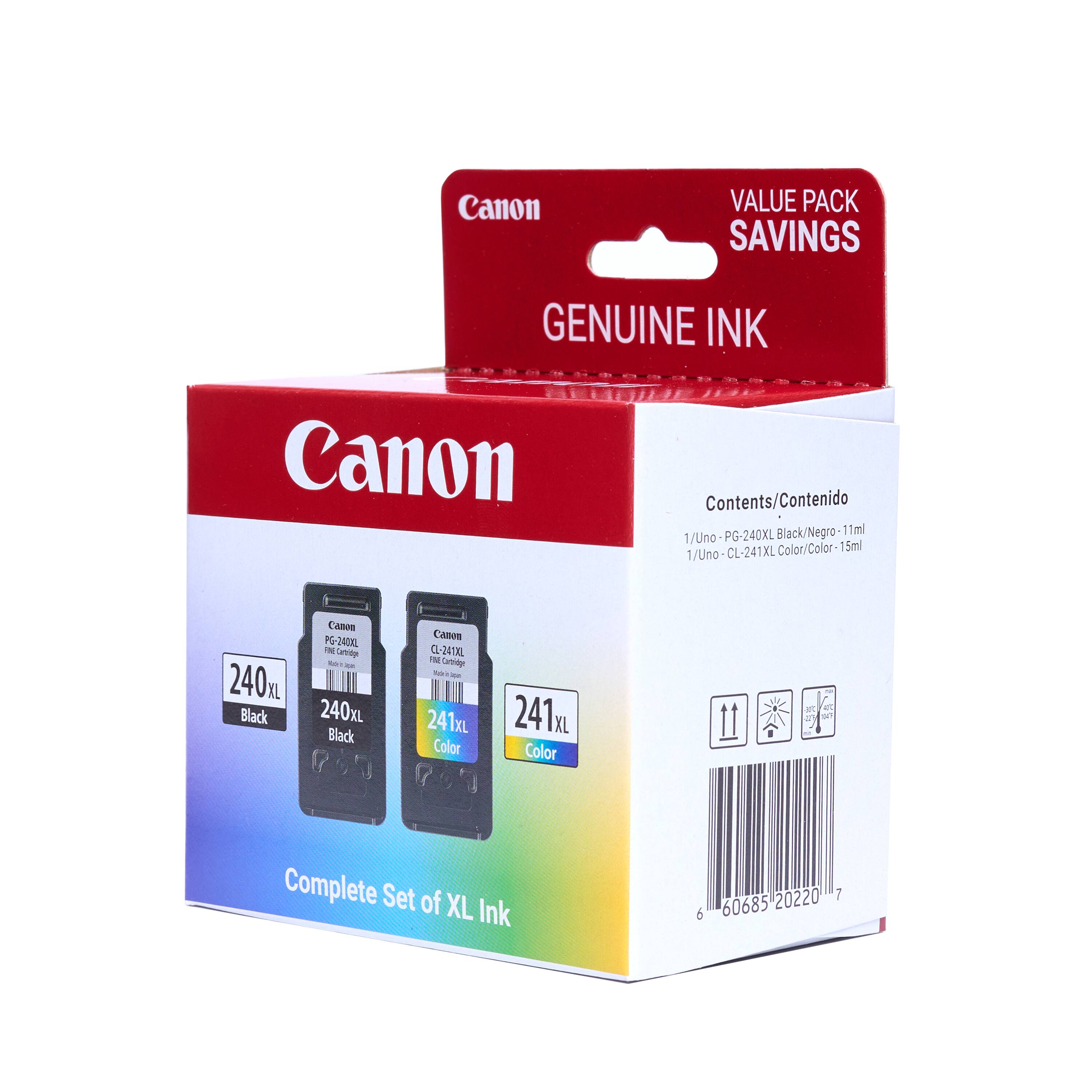 Canon Value Pack Saving Genuine Ink. Contents: Black (1ml) and Color (5ml). 240m Black (PG-240XL), 240m Color (CL-241XL). Complete Set of XL Ink.