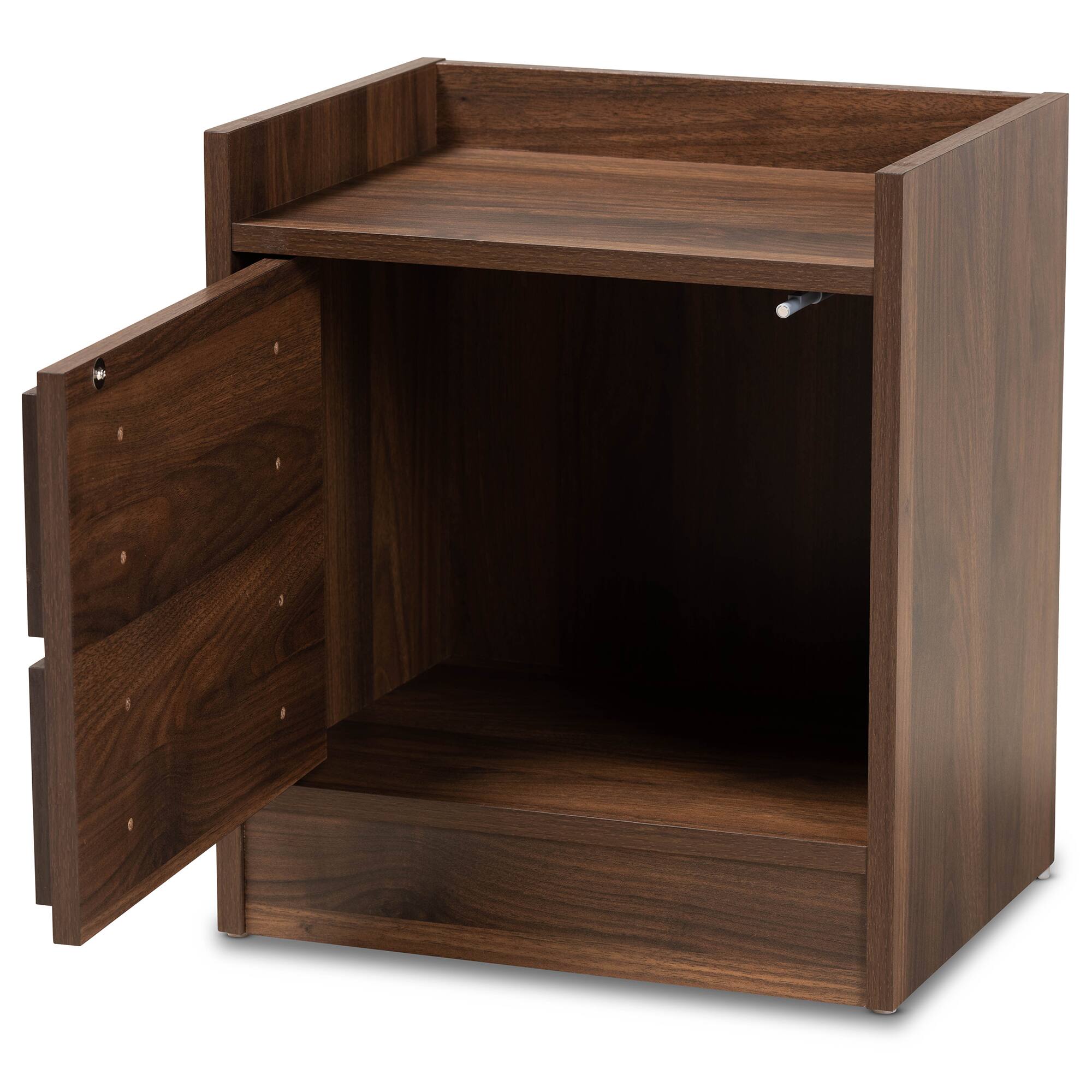 Angle. Baxton Studio - Hale Modern and Contemporary Finished Wood 1-Door Nightstand - Walnut brown.