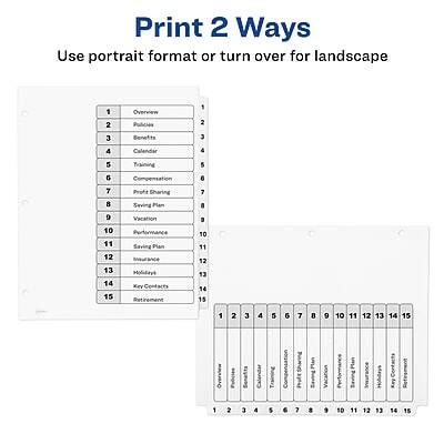 Print 2 Ways  
Use portrait format or turn over for landscape

1. Overview  
2. Policies  
3. Benefits  
4. Calendar  
5. Training  
6. Compensation  
7. Profit Sharing  
8. Saving Plan  
9. Vacation  
10. Performance  
11. Saving Plan  
12. Insurance  
13. Holidays  
14. Key Contacts  
15. Retirement  

1 2 3 4 5 6 7 8 9 10 11 12 13 14 15  
Overview Policies Benefits Calendar Training Compensation Profit Sharing Saving Plan Vacation Performance Saving Plan Insurance Holidays Key Contacts Retirement