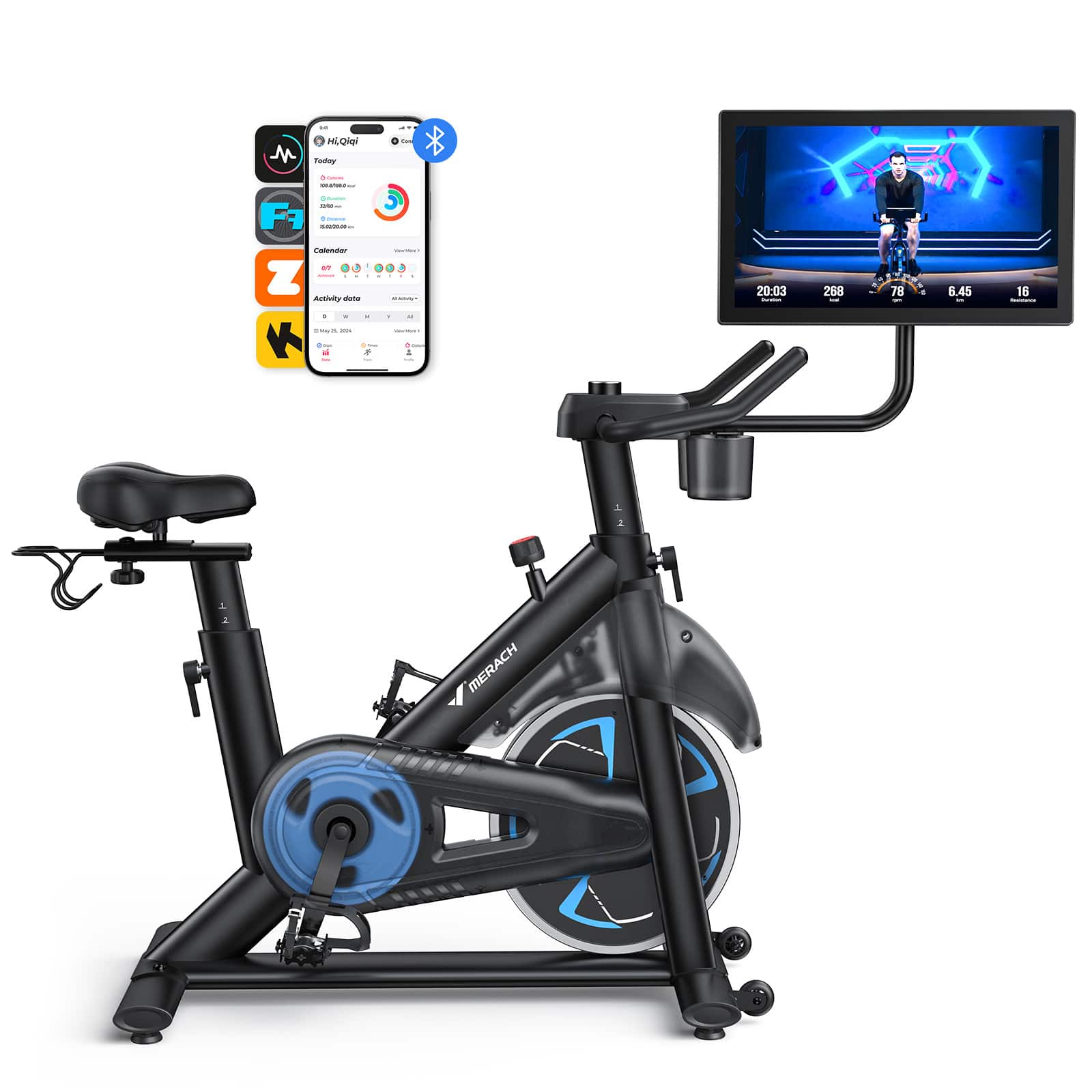 MERACH - S38 Magnetic Exercise Bike, 21.5'' HD Swivel & Tilt Display, Multimedia casting, 330LBS, Fitness Courses - Blue