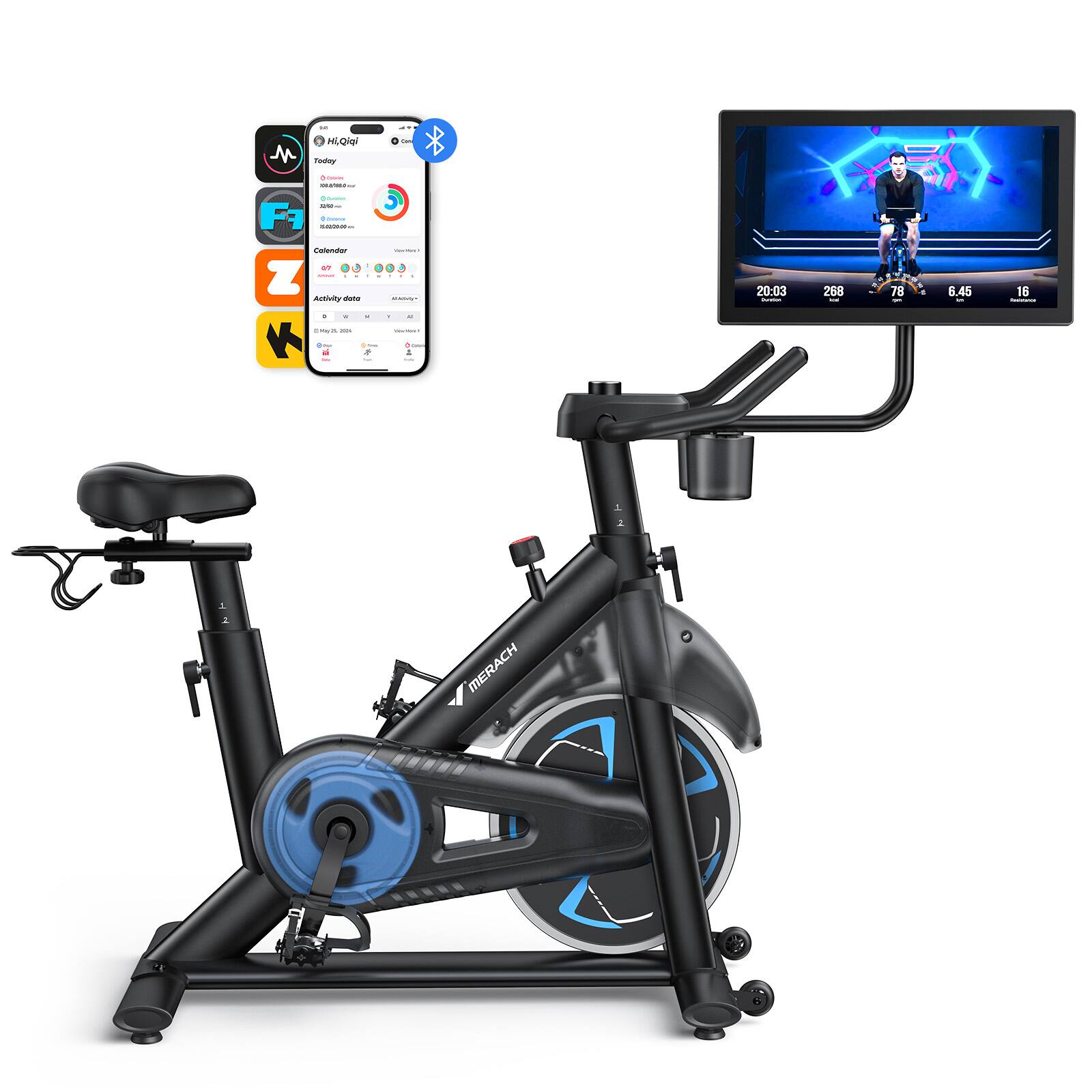 MERACH - S38 Magnetic Exercise Bike, 21.5'' HD Swivel & Tilt Display, Multimedia casting, 330LBS, Fitness Courses - Blue