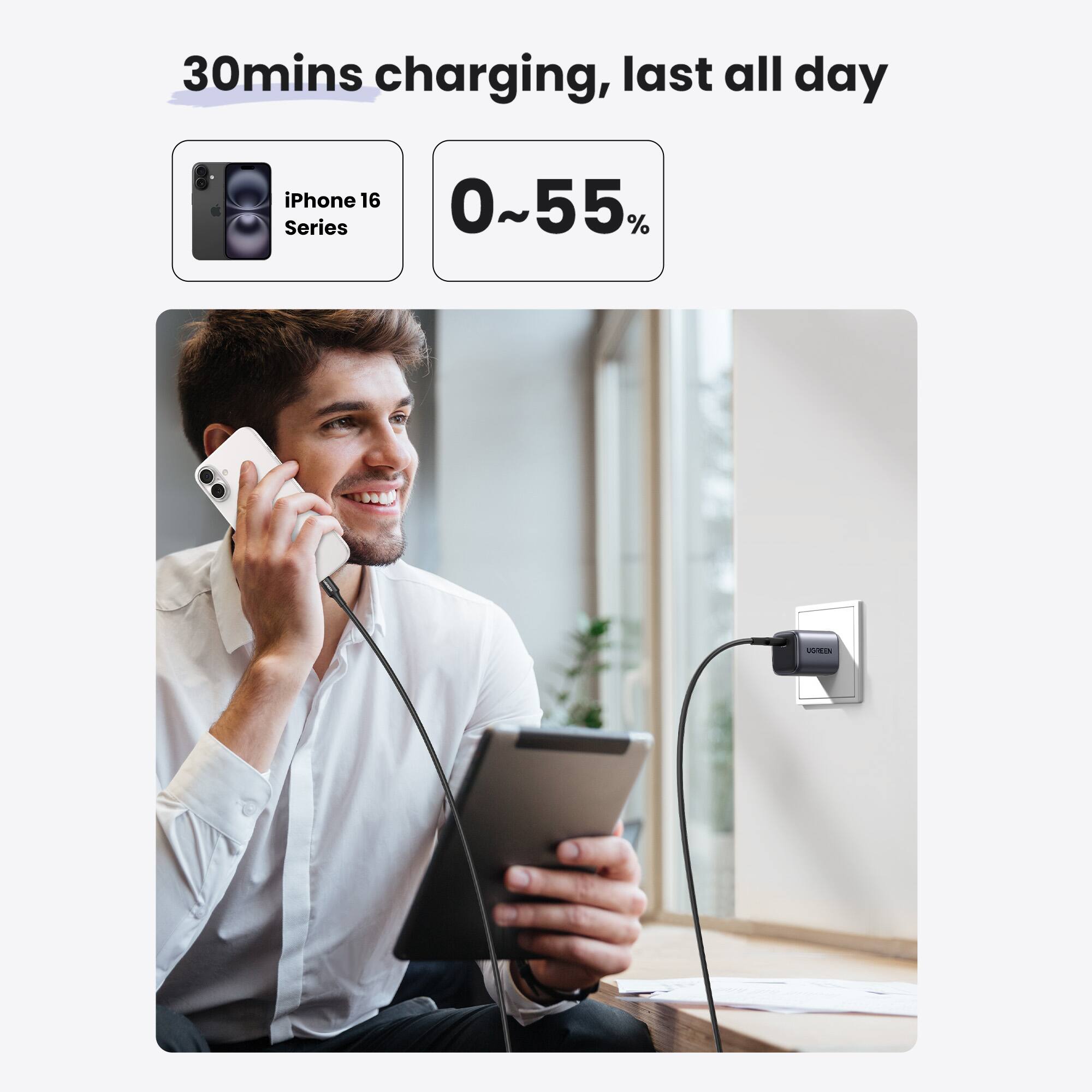 30 minutes of charging, last all day iPhone 16 Series 0-55%