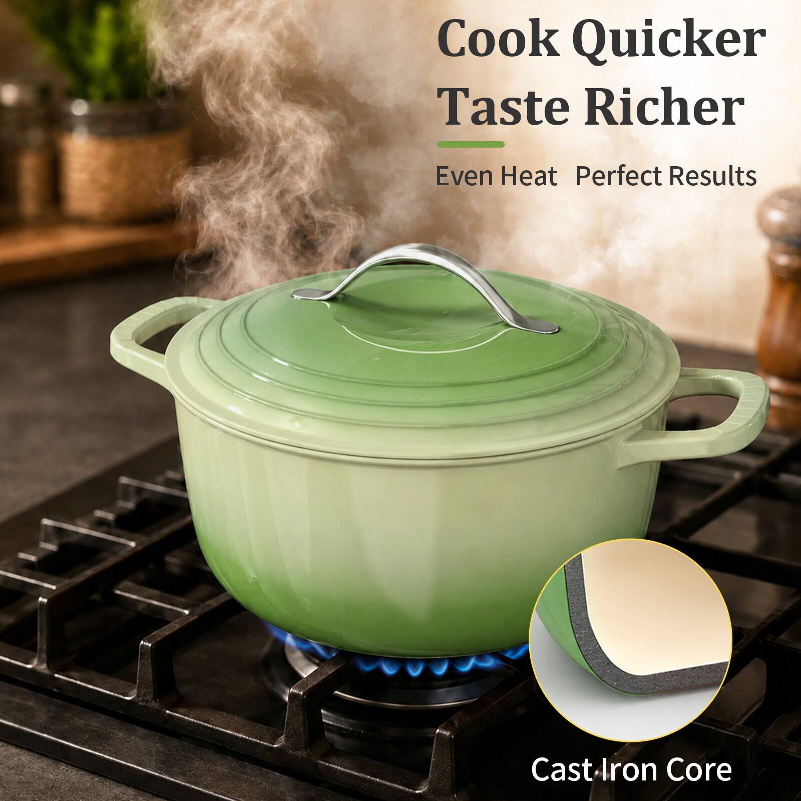 Cook Quicker Taste Richer  
Even Heat Perfect Results  
Cast Iron Core