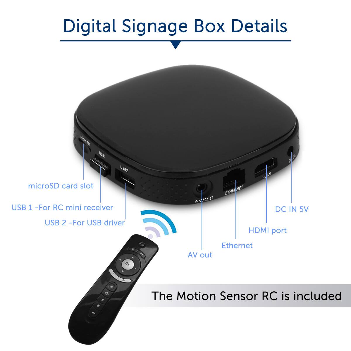 Digital Signage Box Details microSD card slot USB 1 -For RC mini receiver USB 2 -For USB driver HDMI port Ethernet AV out DC IN 5V The Motion Sensor RC is included