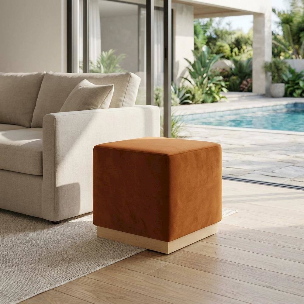Left. Outdoor Escape - Square Performance Velvet Ottoman In Neutral Tone With Plush Upholstery - Brown.