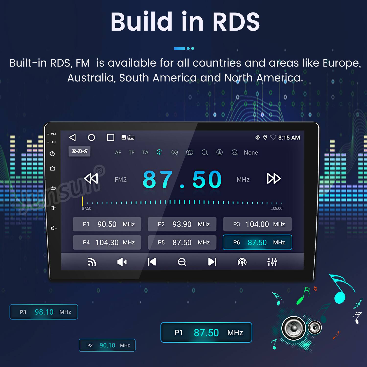 Build in RDS

Built-in RDS, FM is available for all countries and areas like Europe, Australia, South America and North America.