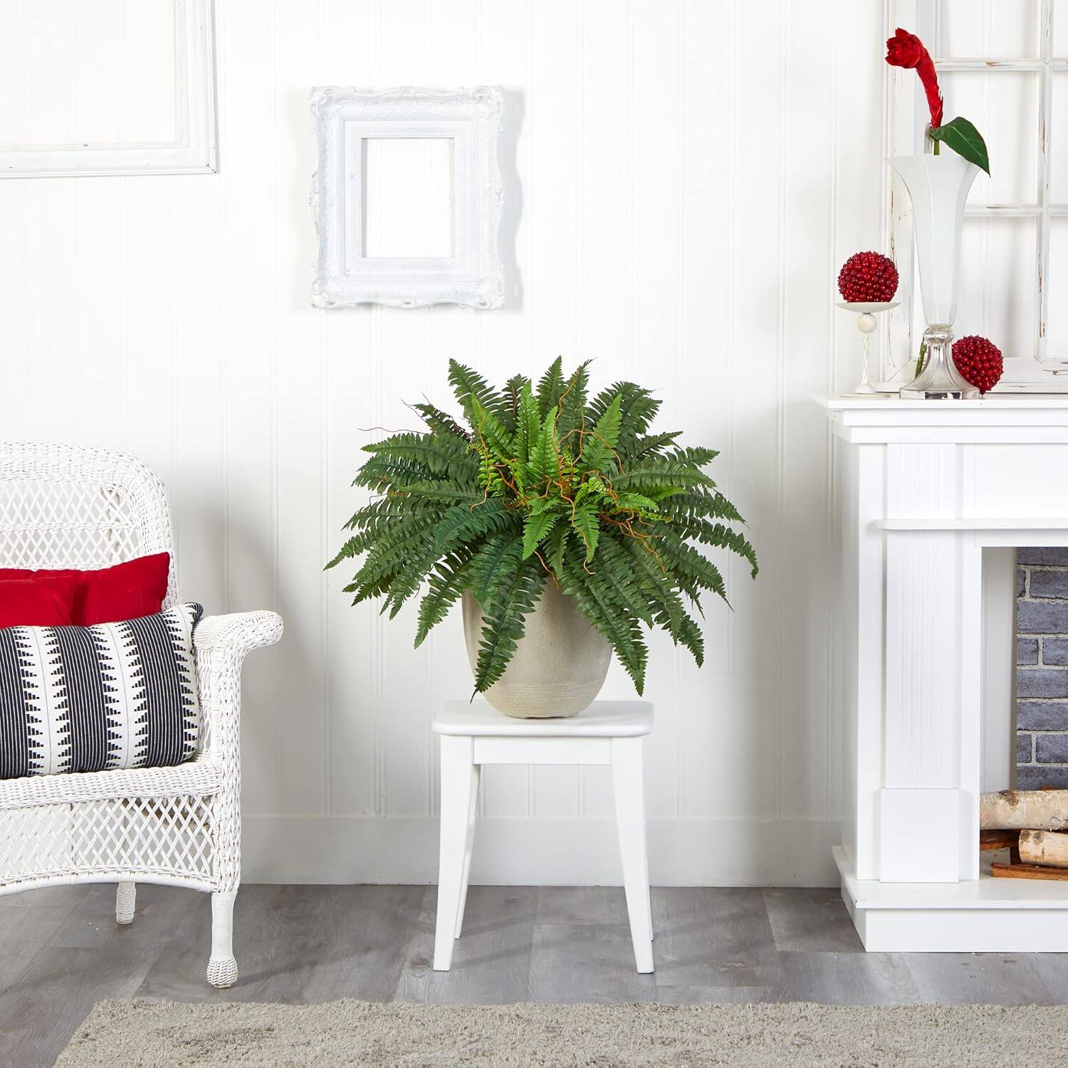 Angle. BreeBe - 22" Boston Fern Artificial Plant in Sandstone Planter - Green.