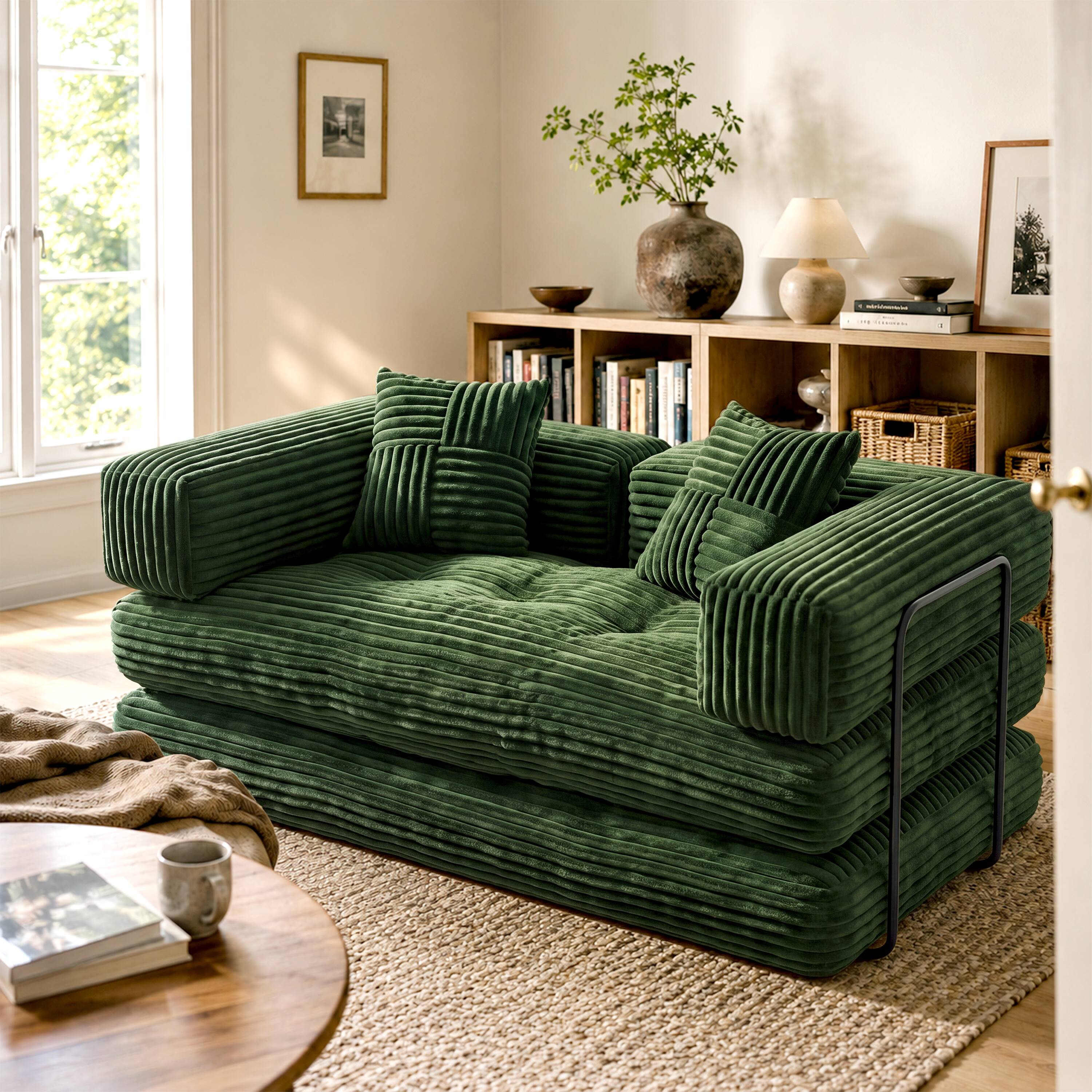 Front. Vipbear - Corduroy Loveseat Sofa, Convertible Sofa Couch with Sturdy Metal Frame for Living Room Bedroom - Green.