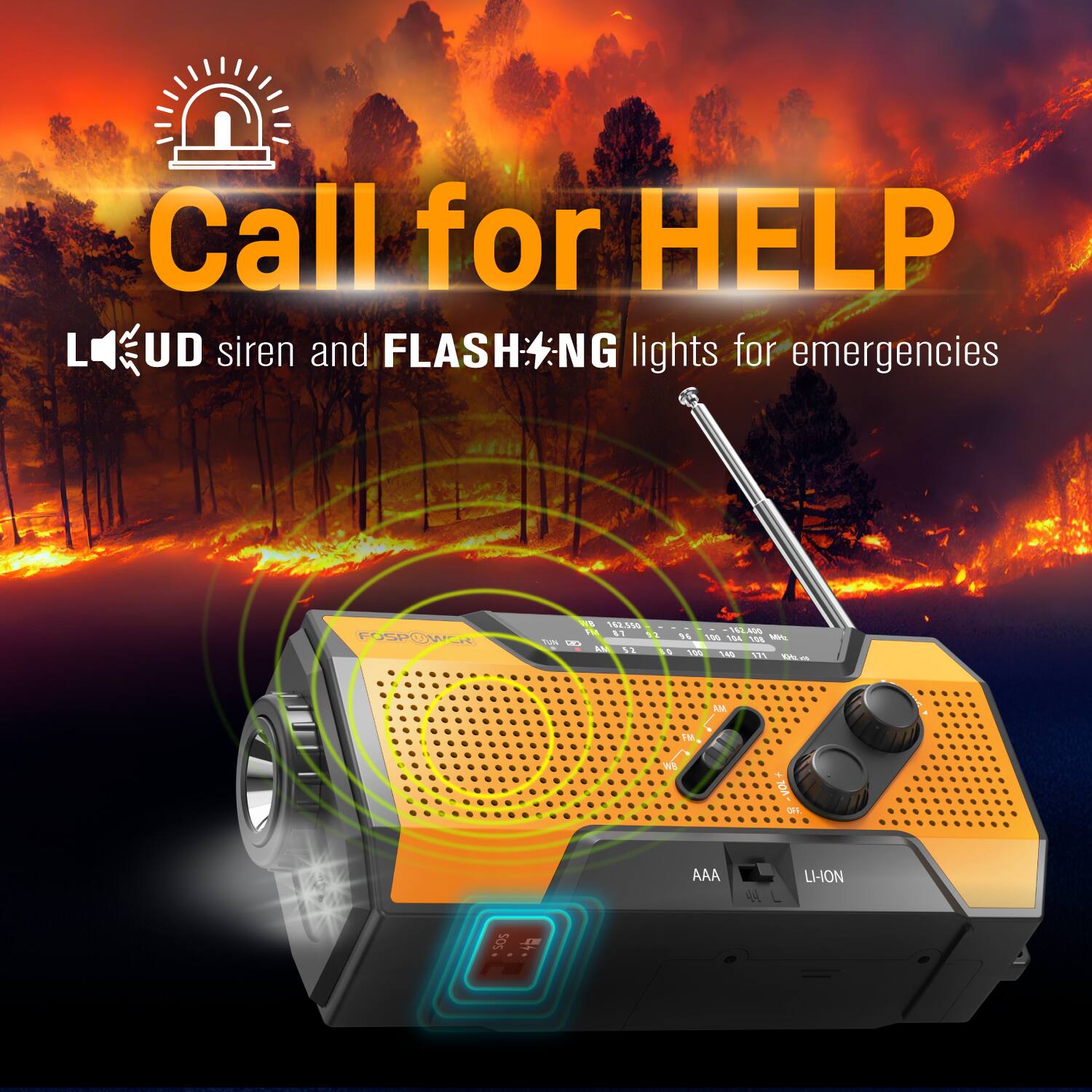 Call for HELP  
LUD siren and FLASH NG lights for emergencies  
FOSP Wt T O L0 11 1 AN S2 A V4 as 4 te8 M Cis LAS O. M IM w n AAA LI-ION SOS