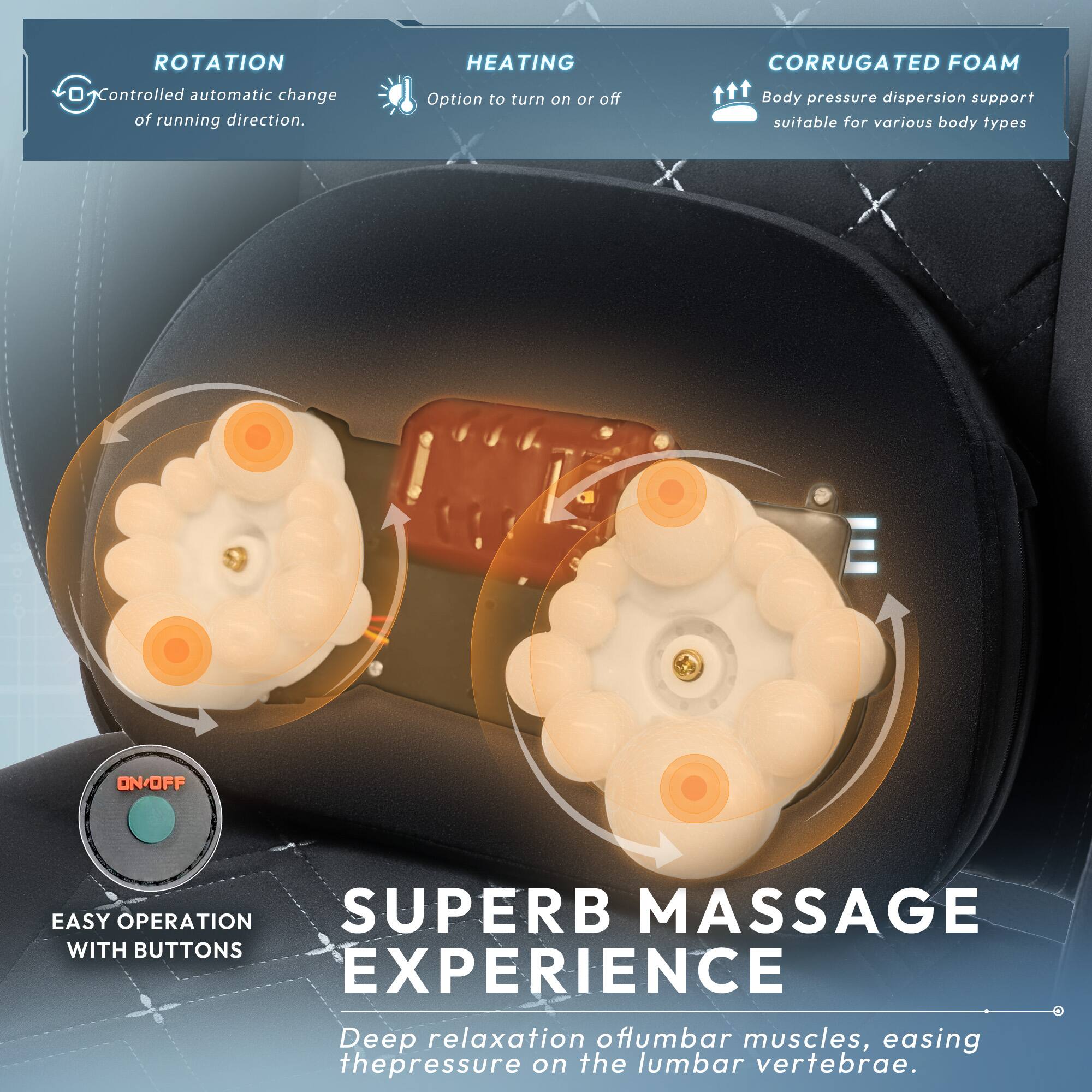 **ROTATION**  
Controlled automatic change of running direction.

**HEATING**  
Option to turn on or off.

**CORRUGATED FOAM**  
Body pressure dispersion support suitable for various body types.

**ON/OFF**  
EASY OPERATION

**SUPERB MASSAGE EXPERIENCE**  
Deep relaxation of lumbar muscles, easing the pressure on the lumbar vertebrae.