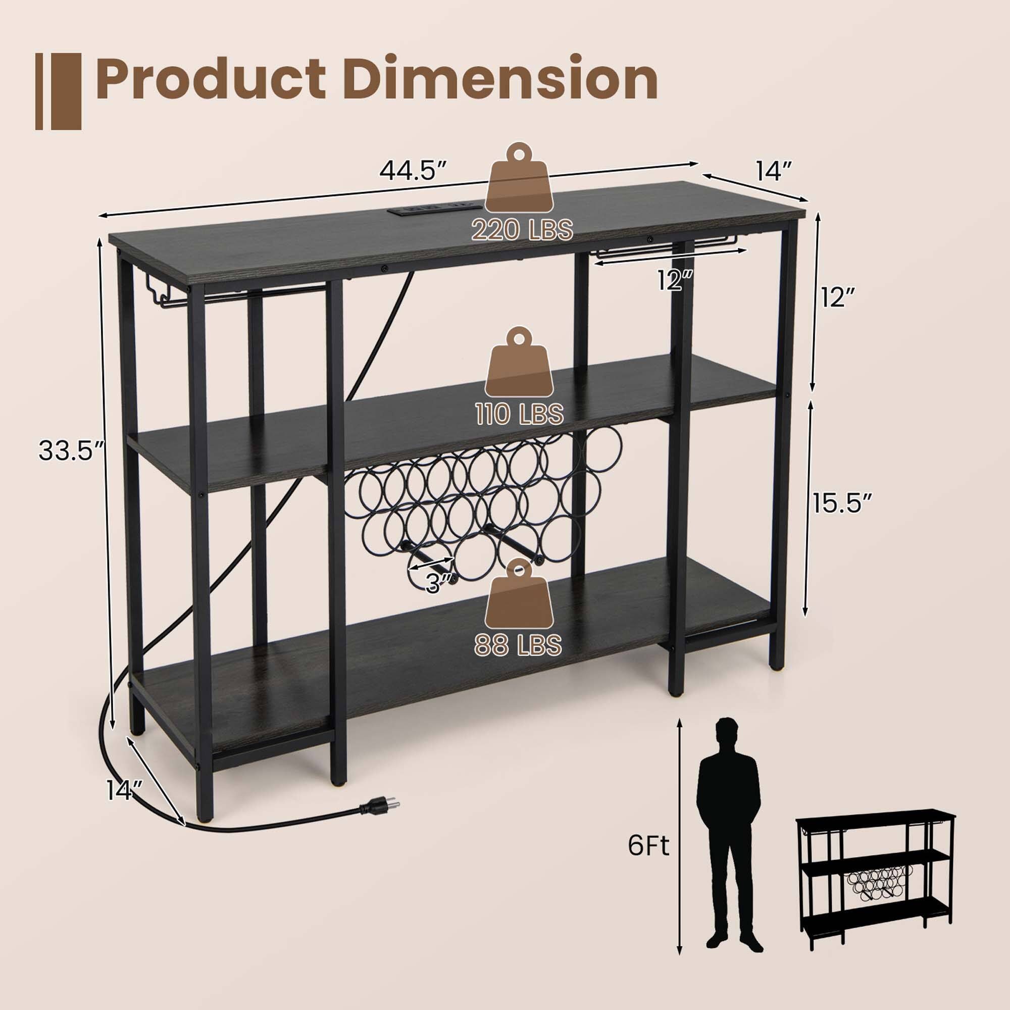 Product Dimension

- Top Shelf: 44.5" x 14" (220 LBS)
- Middle Shelf: 33.5" x 12" (110 LBS)
- Bottom Shelf: 33.5" x 15.5" (88 LBS)
- Height: 6 Ft
- Depth: 14"