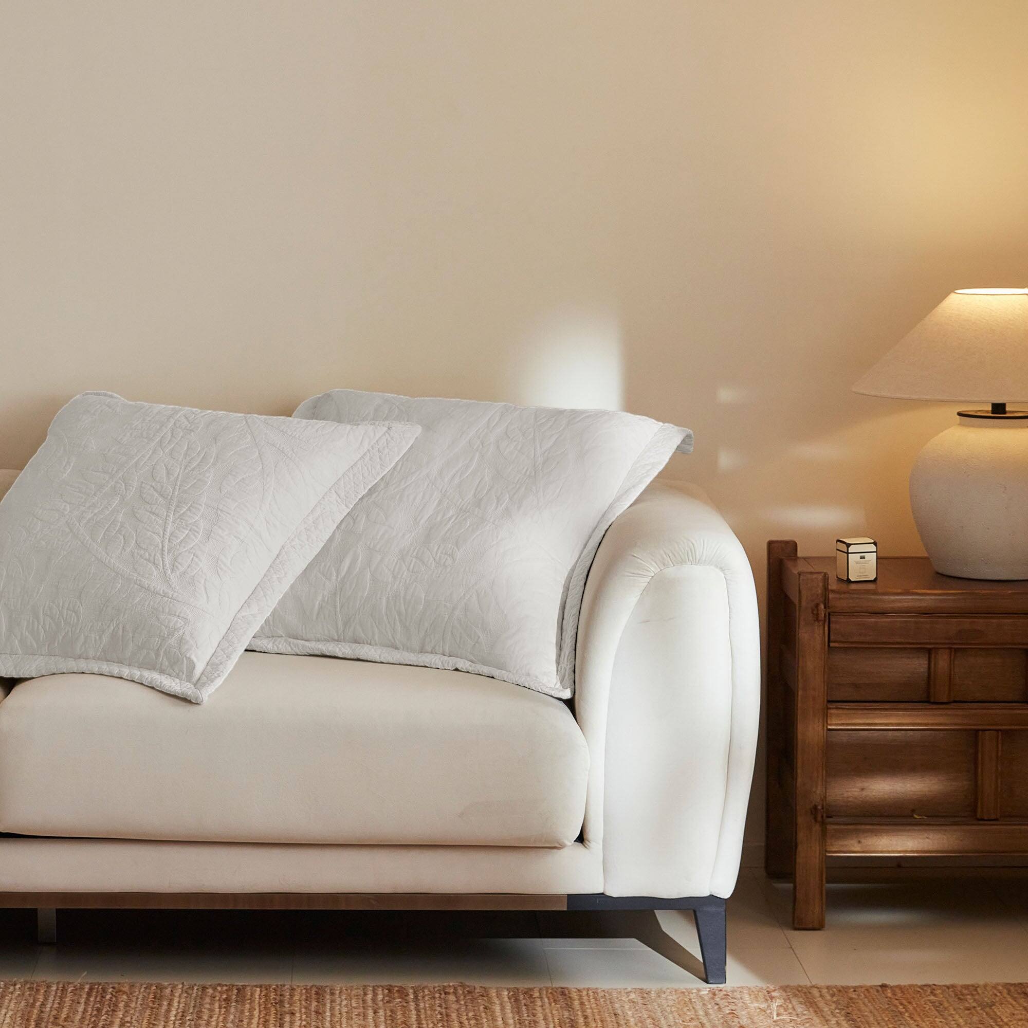 Left. MarCielo - 100% Cotton Embroidered Quilted Pillow Shams Set of 2, 26"x26" Euro Size - Soft White.