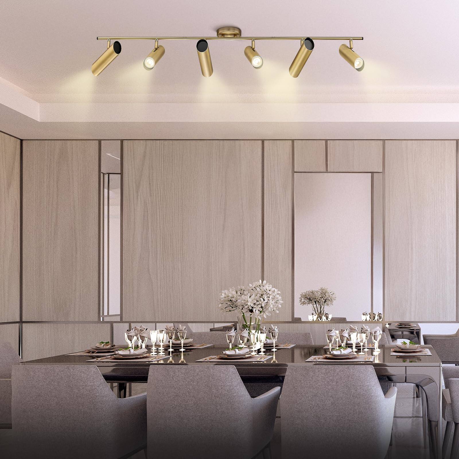 Alt View 1. Dazzed Corner - 6 Light LED Track Lighting Fixture, Rotatable Brass Gold GU10 Base Kitchen Track Lights - Brass Gold.