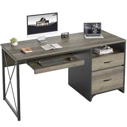 Front. Bestier - 55 inch Computer Desk with Drawers & Keyboard Tray & File Cabinet Home Office Desk - Retro Gray Oak Dark.