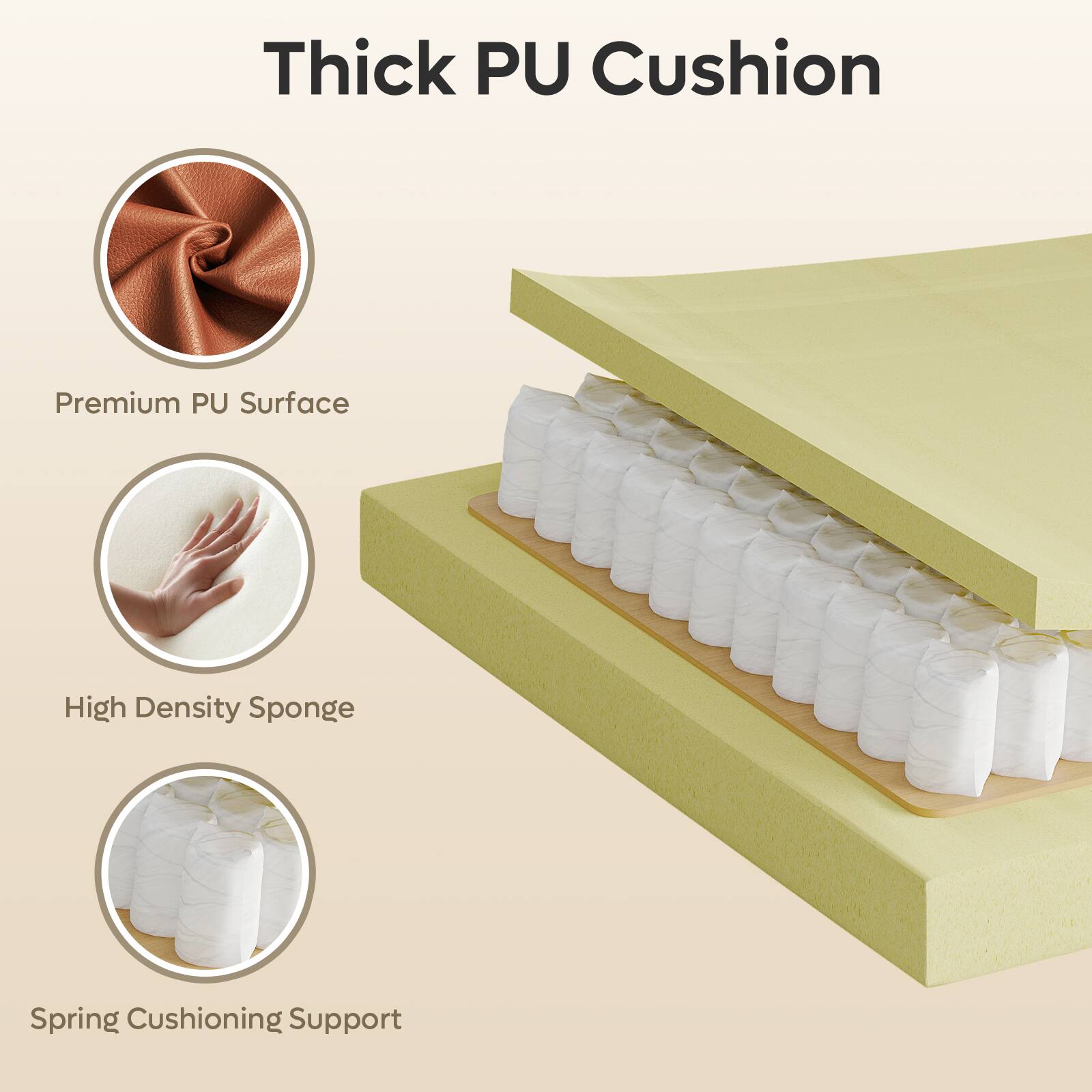 Thick PU Cushion

- Premium PU Surface
- High Density Sponge
- Spring Cushioning Support