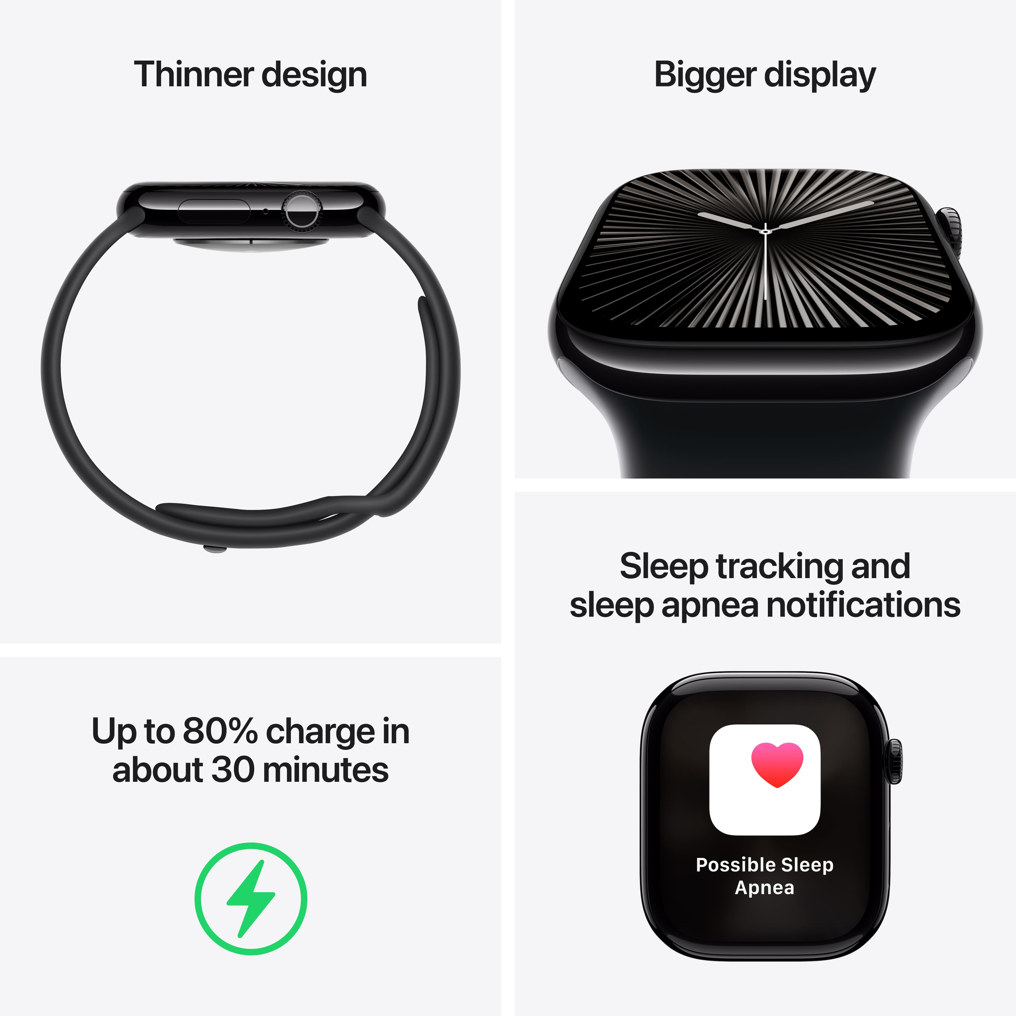 Thinner design Bigger display Sleep tracking and sleep apnea notifications Up to 80% charge in about 30 minutes Possible Sleep Apnea