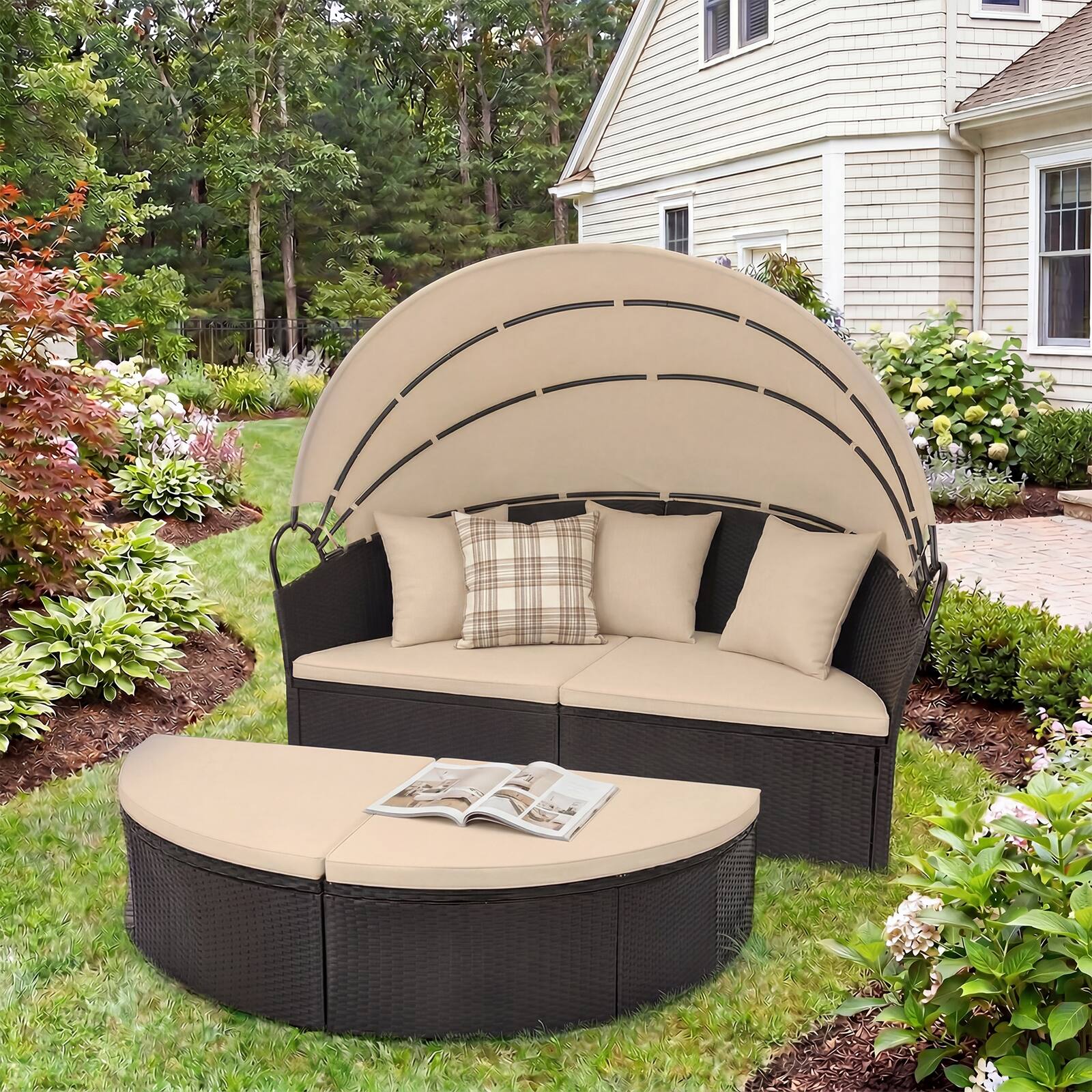 Alt View 1. Costway - Costway Outdoor Patio Round Daybed with Retractable Canopy Cushions Throw Pillows for Lawn - Black+Beige.