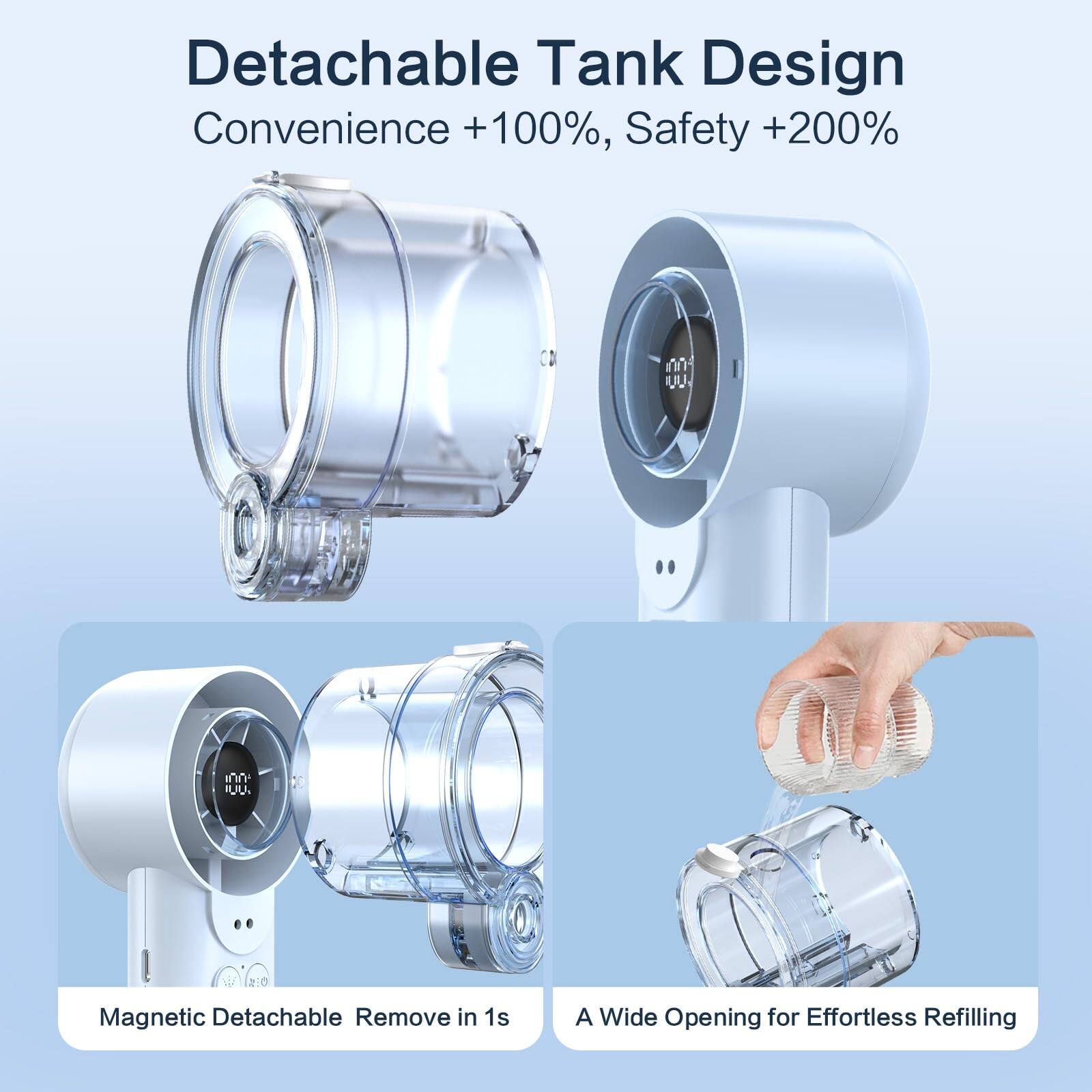 Detachable Tank Design  
Convenience +100%, Safety +200%  

Magnetic Detachable Remove in 1s  

A Wide Opening for Effortless Refilling