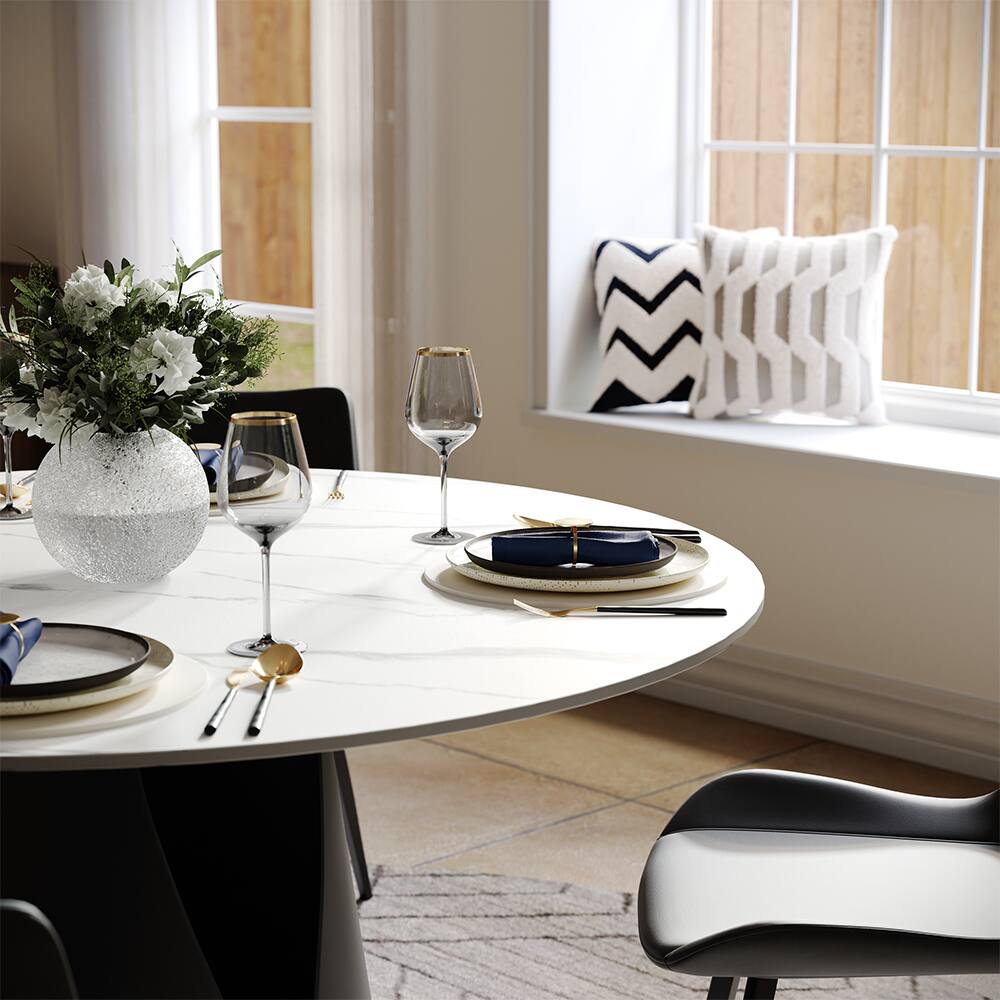 Alt View 4. POVISON - 51" Modern Round White Dining Table for 4, Matte Sintered Stone Tabletop, Solid Black Carbon Steel Base - Matte White Sintered Stone & Black Steel Base.