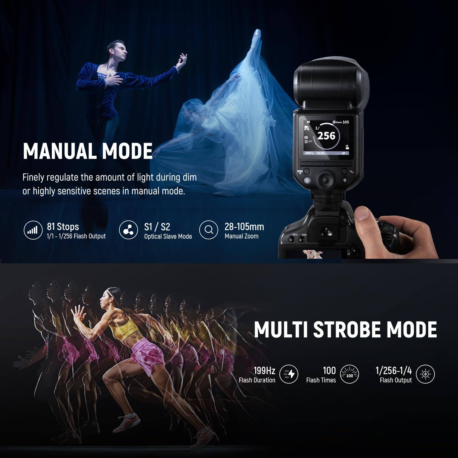 MANUAL MODE  
Finely regulate the amount of light during dim or highly sensitive scenes in manual mode.  

- 81 Stops  
- 1/1 - 1/256 Flash Output  
- S1 / S2 Optical Slave Mode  
- 28-105mm Manual Zoom  

MULTI STROBE MODE  
- 199Hz Flash Duration  
- 100 Flash Times  
- 1/256-1/4 Flash Output