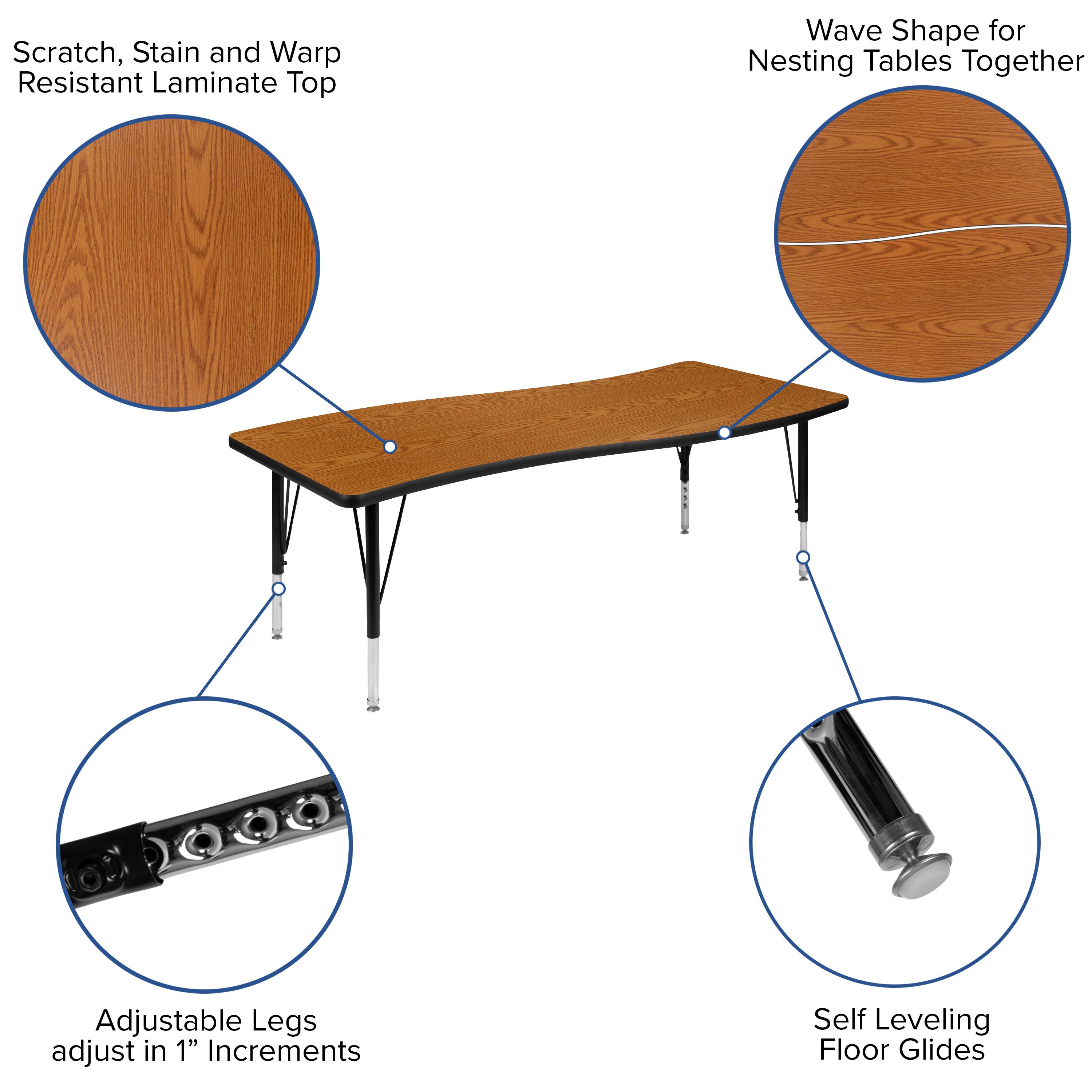 Scratch, Stain and Warp Resistant Laminate Top

Wave Shape for Nesting Tables Together

Adjustable Legs adjust in 1" Increments

Self Leveling Floor Glides