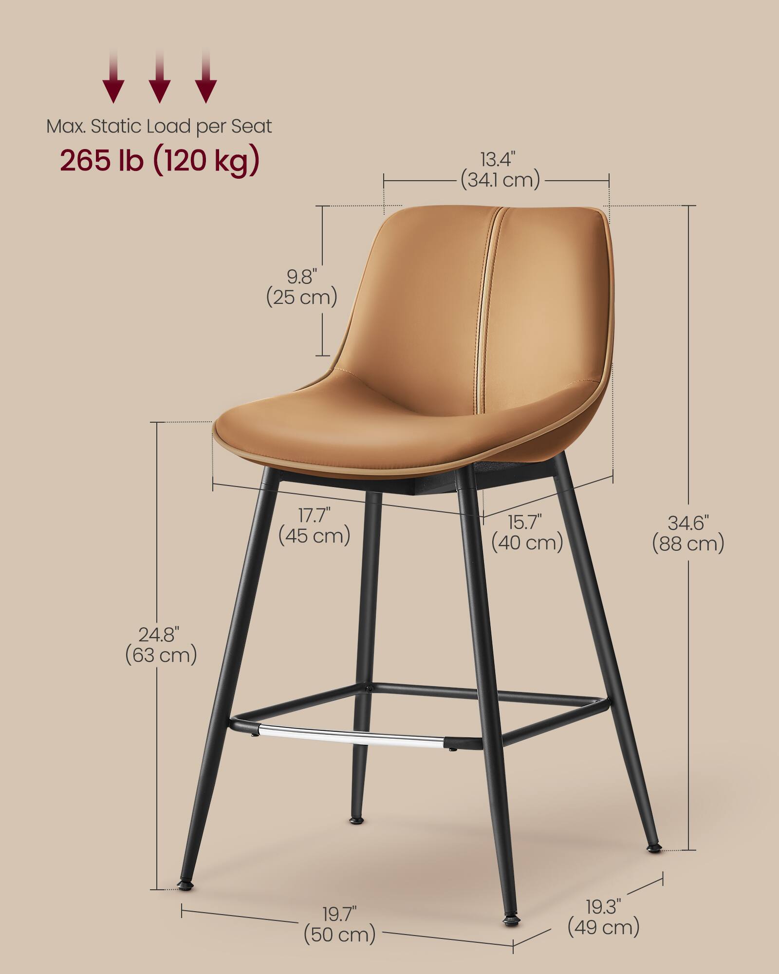 Max. Static Load per Seat: 265 lb (120 kg)

- 13.4" (34.1 cm)
- 9.8" (25 cm)
- 17.7" (45 cm)
- 15.7" (40 cm)
- 34.6" (88 cm)
- 24.8" (63 cm)
- 19.7" (50 cm)
- 19.3" (49 cm)
