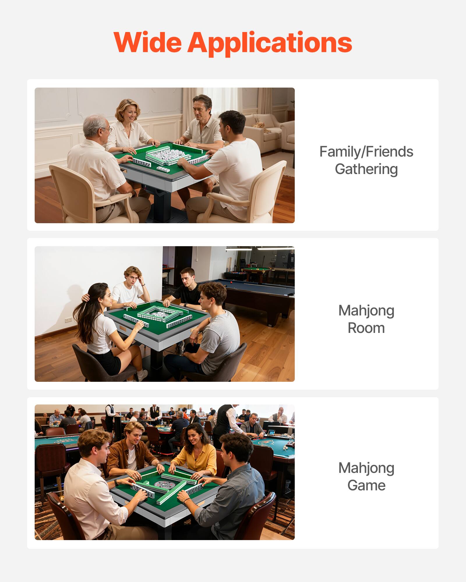 Wide Applications

- Family/Friends Gathering
- Mahjong Room
- Mahjong Game