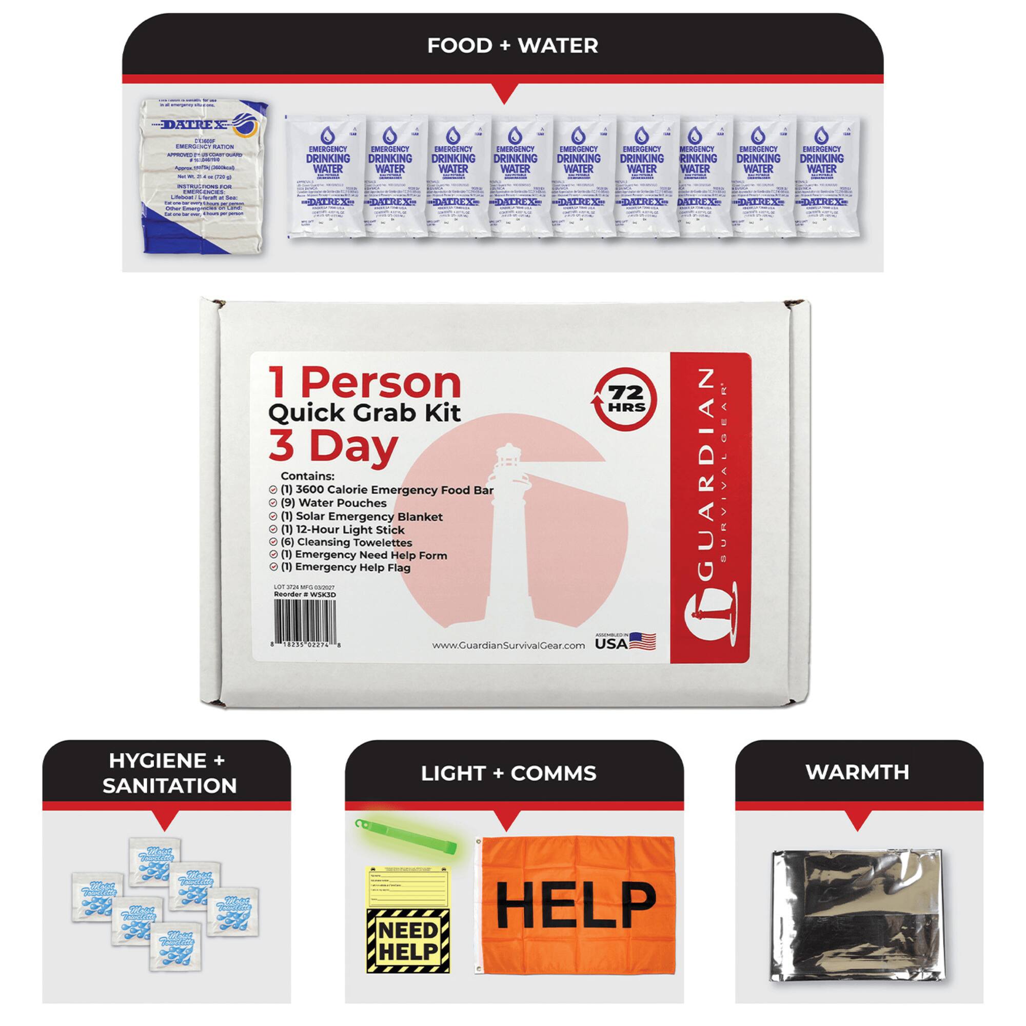 FOOD + WATER

DATREX

1 Person Quick Grab Kit
3 Day

Contains:
(1) 3600 Calorie Emergency Food Bar
(9) Water Pouches
(1) Solar Emergency Blanket
(1) 12-Hour Light Stick
(1) Cleansing Towlettes
(1) Emergency Need Help Form
(1) Emergency Help Flag

HYGIENE + SANITATION

LIGHT + COMMS

WARMTH

www.GuardianSurvivalGear.com

USA

GUARDIAN SURVIVAL