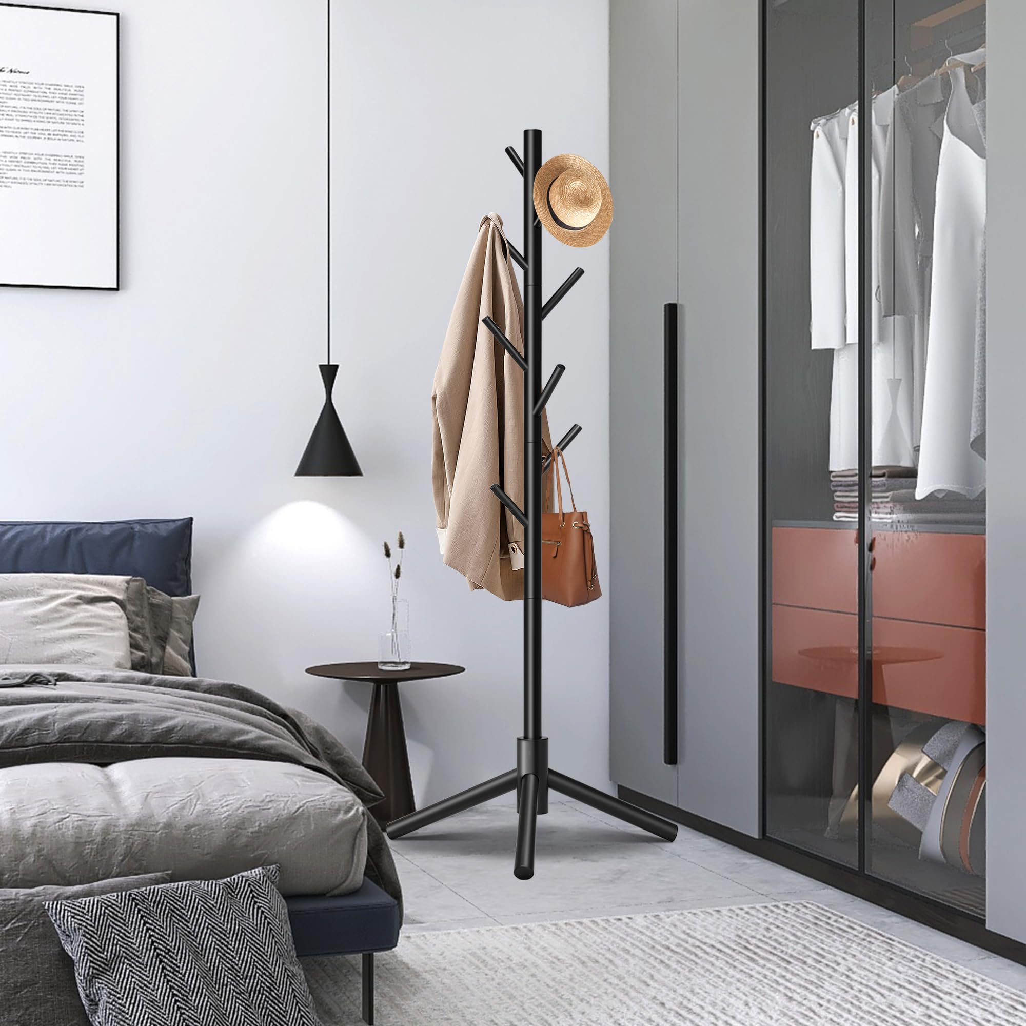 Left. Hirose Alice - Durable Wooden Coat Rack Freestanding With Stable Triangular Base 8 Hooks & 3 Adjustable Heights Simple - Black.