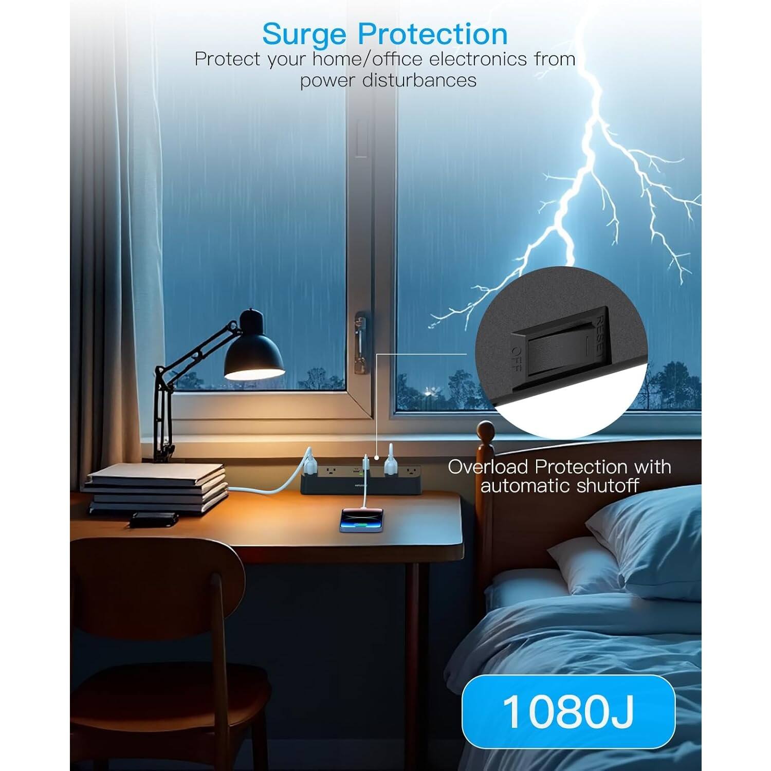 Surge Protection, Protect your home/office electronics from power disturbances, Overload Protection with automatic shutoff, 1080J