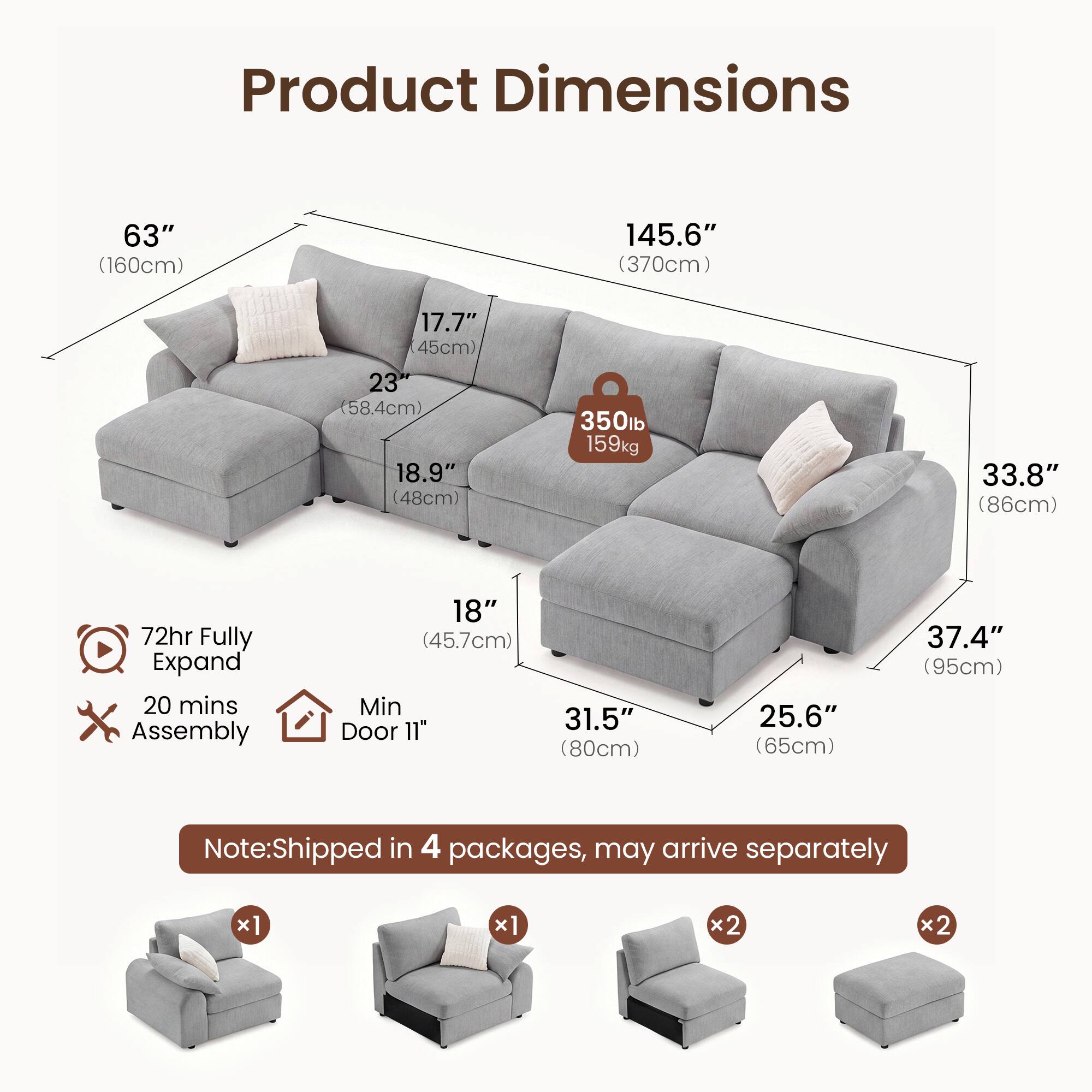 Product Dimensions:  
- 63" (160cm)  
- 145.6" (370cm)  
- 17.7" (45cm)  
- 23" (58.4cm)  
- 18.9" (48cm)  
- 350lb (159kg)  
- 33.8" (86cm)  
- 72hr Fully Expand  
- 20 mins Assembly  
- 18" (45.7cm)  
- Min 11"  
- Door 31.5" (80cm)  
- 25.6" (65cm)  
- 37.4" (95cm)  

Note: Shipped in 4 packages, may arrive separately  
- x1  
- x1  
- x2  
- x2