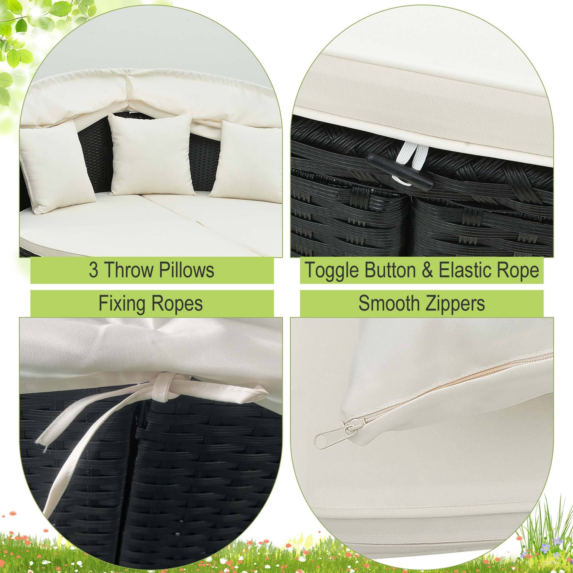 The text on the image is grouped as follows:

1. 3 Throw Pillows
2. Fixing Ropes
3. Toggle Button & Elastic Rope
4. Smooth Zippers