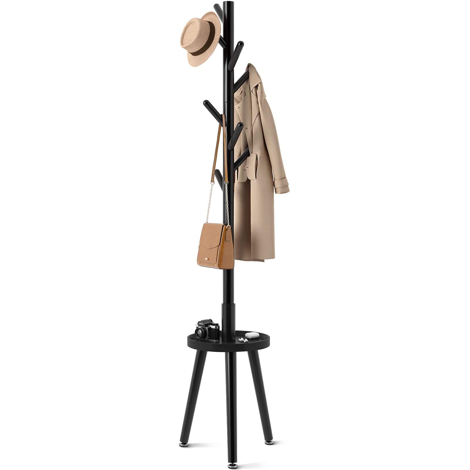 HM 1810 - Coat Rack With Wooden Freestanding Shelf Tree 4 Height Options 50 5 -72 6 Hanger Stand For Bags Clothes Hats - Black
