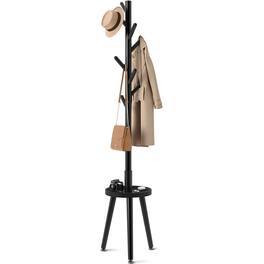 HM 1810 - Coat Rack With Wooden Freestanding Shelf Tree 4 Height Options 50 5 -72 6 Hanger Stand For Bags Clothes Hats - Black