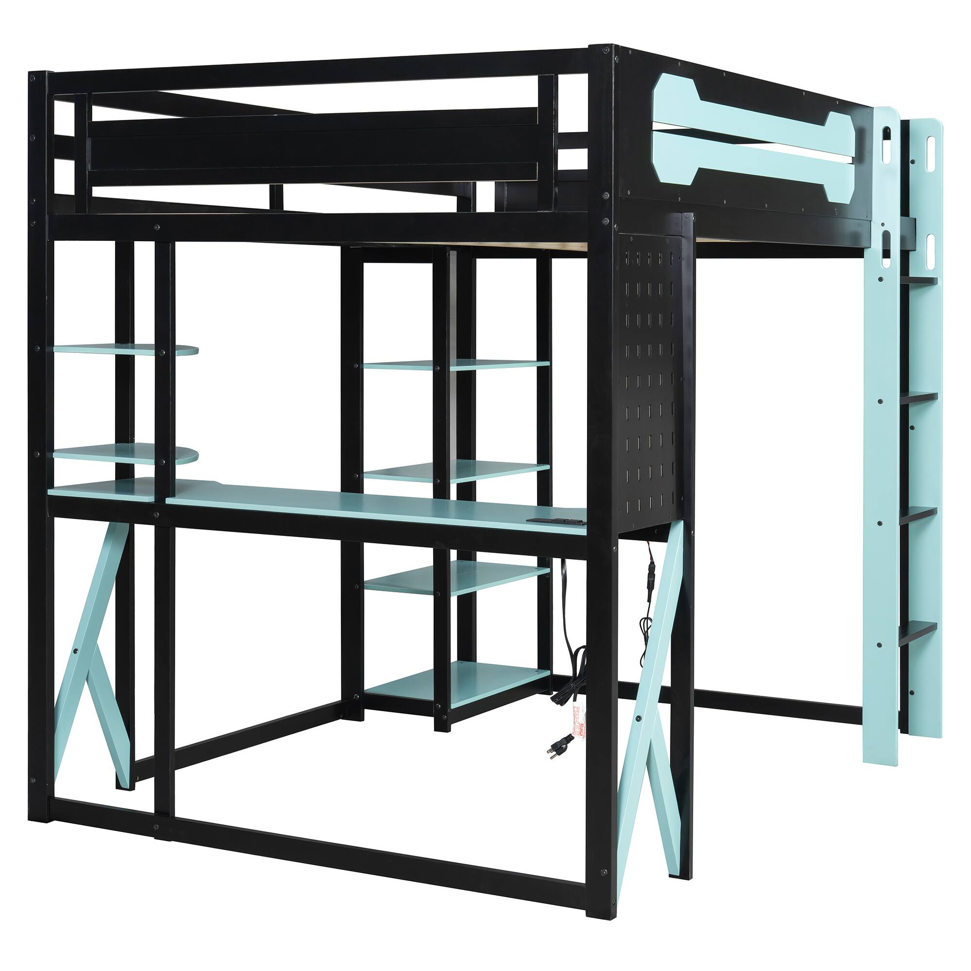 Back. Anysun - Full Size Wood Loft Bed with Desk, Shelves, Power Outlet & USB/Type-C Ports, and RGB Light - Blue.