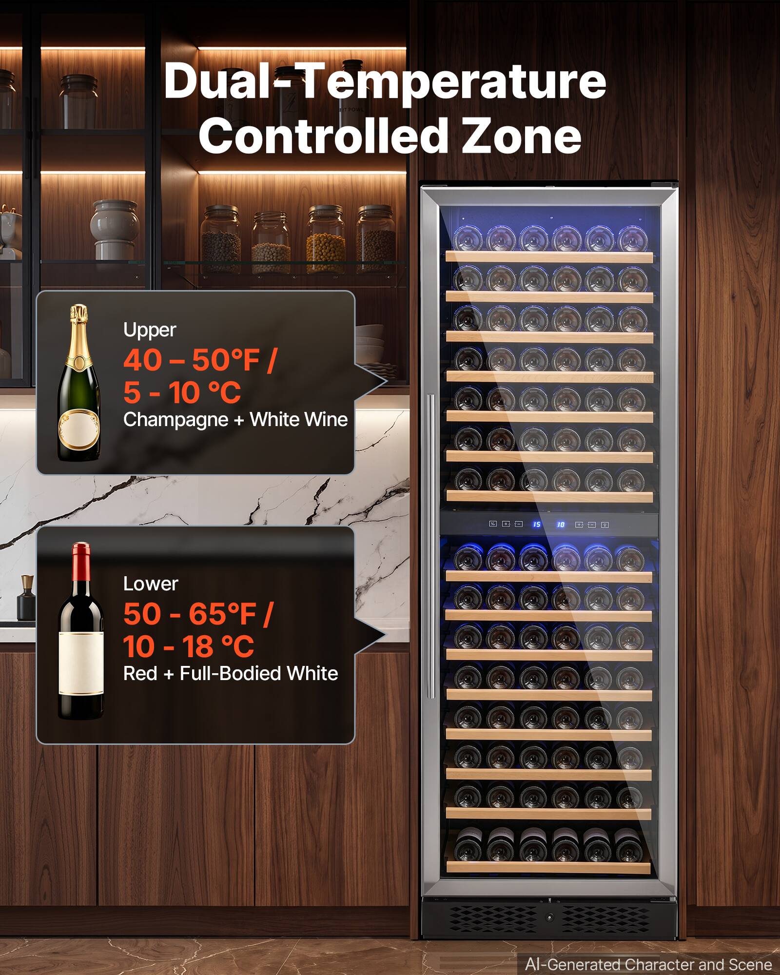 Dual-Temperature Controlled Zone

Upper
40 - 50°F / 5 - 10°C
Champagne + White Wine

Lower
50 - 65°F / 10 - 18°C
Red + Full-Bodied White

AI-Generated Character and Scene