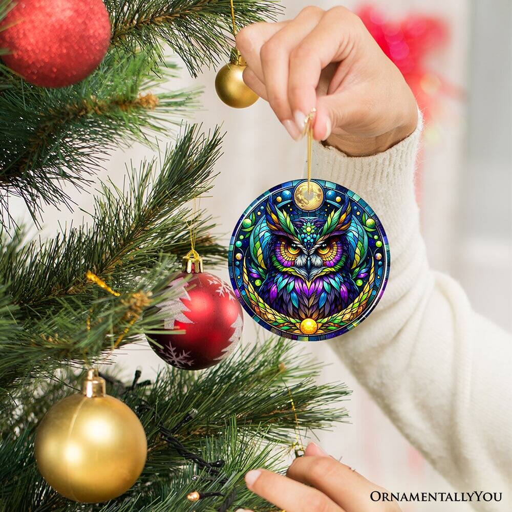 Alt View 1. OrnamentallyYou - Nocturnal Enchanter Mysterious Owl Stained Glass Style Ceramic Ornament Halloween Themed Christmas - Multi-colored.