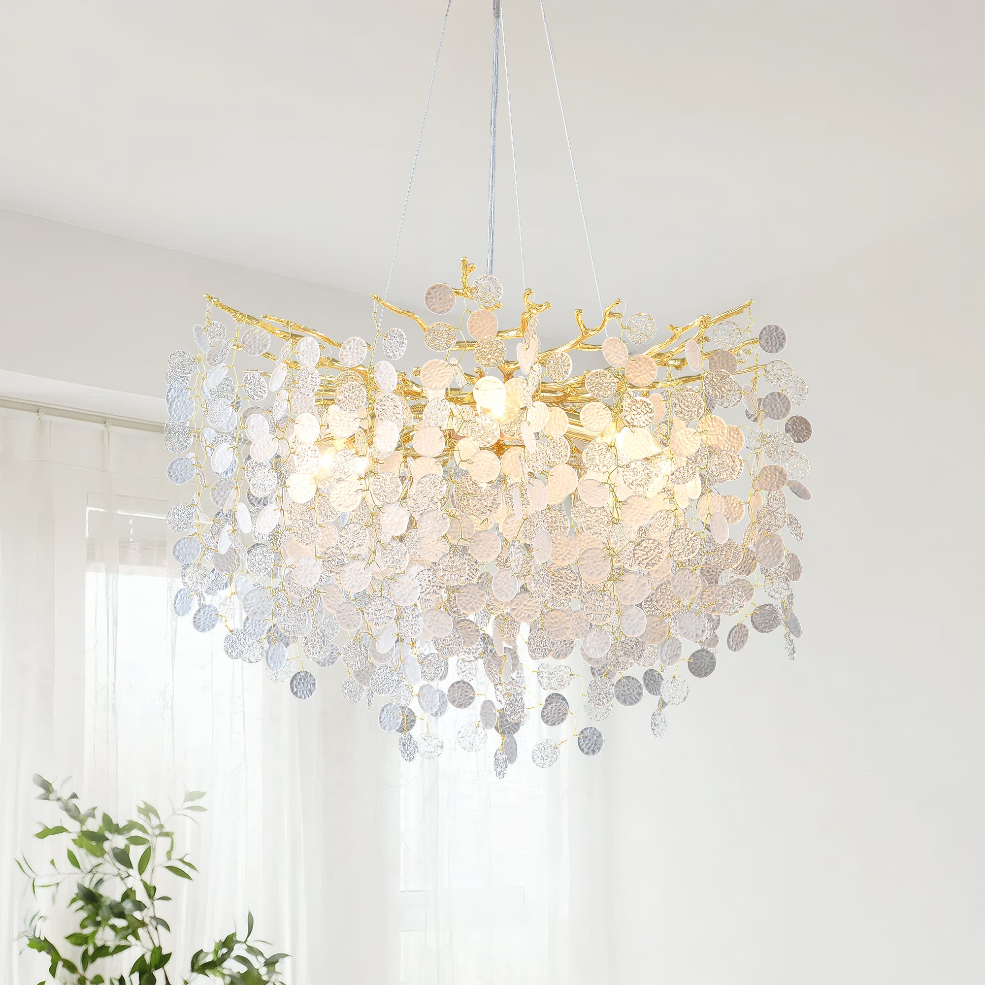 Front. RYHNUYNE - Modern Gold Tree Branch Chandelier with Snowflake Accents 8-Light Adjustable Pendant Light for Dining Room and Entryway.
