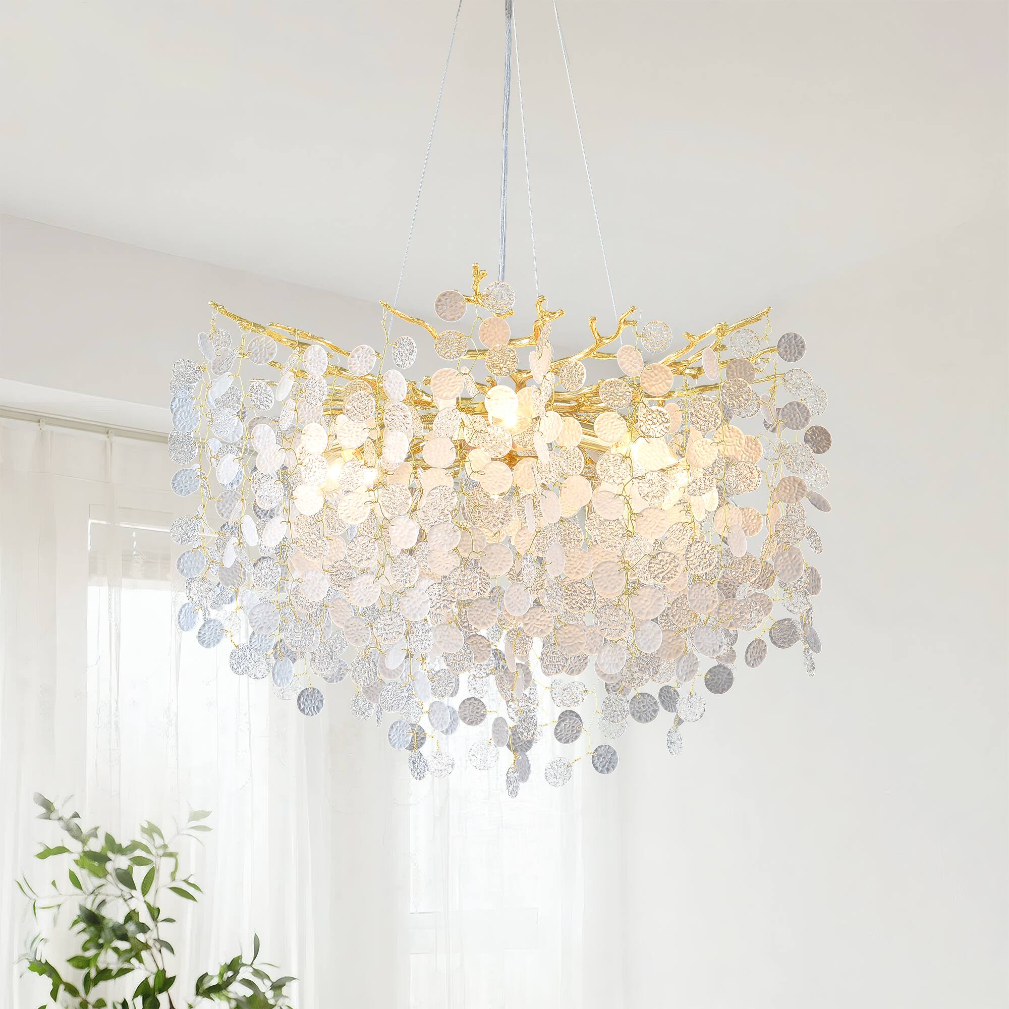 RYHNUYNE - Modern Gold Tree Branch Chandelier with Snowflake Accents 8-Light Adjustable Pendant Light for Dining Room and Entryway