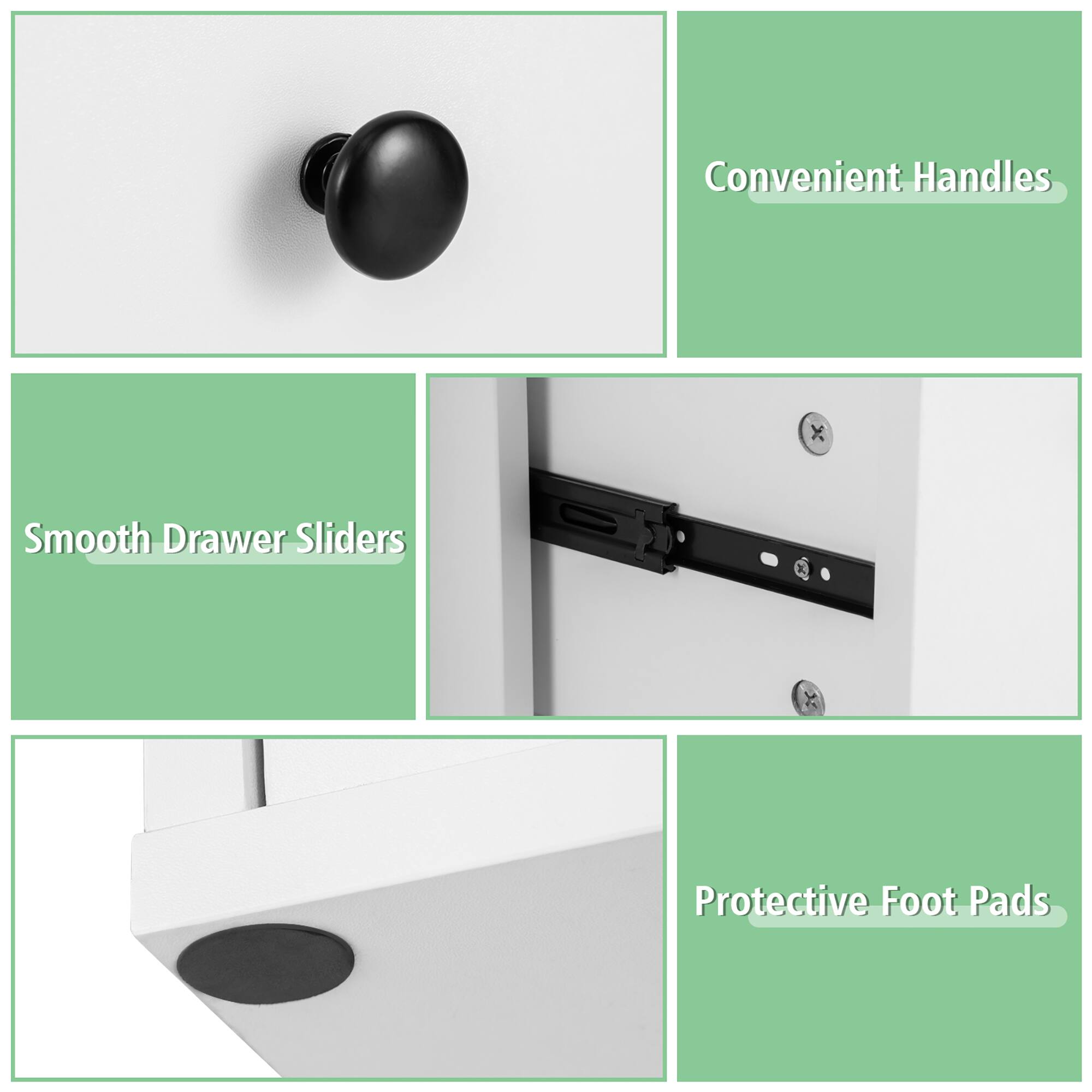 Convenient Handles, Smooth Drawer Sliders, Protective Foot Pads