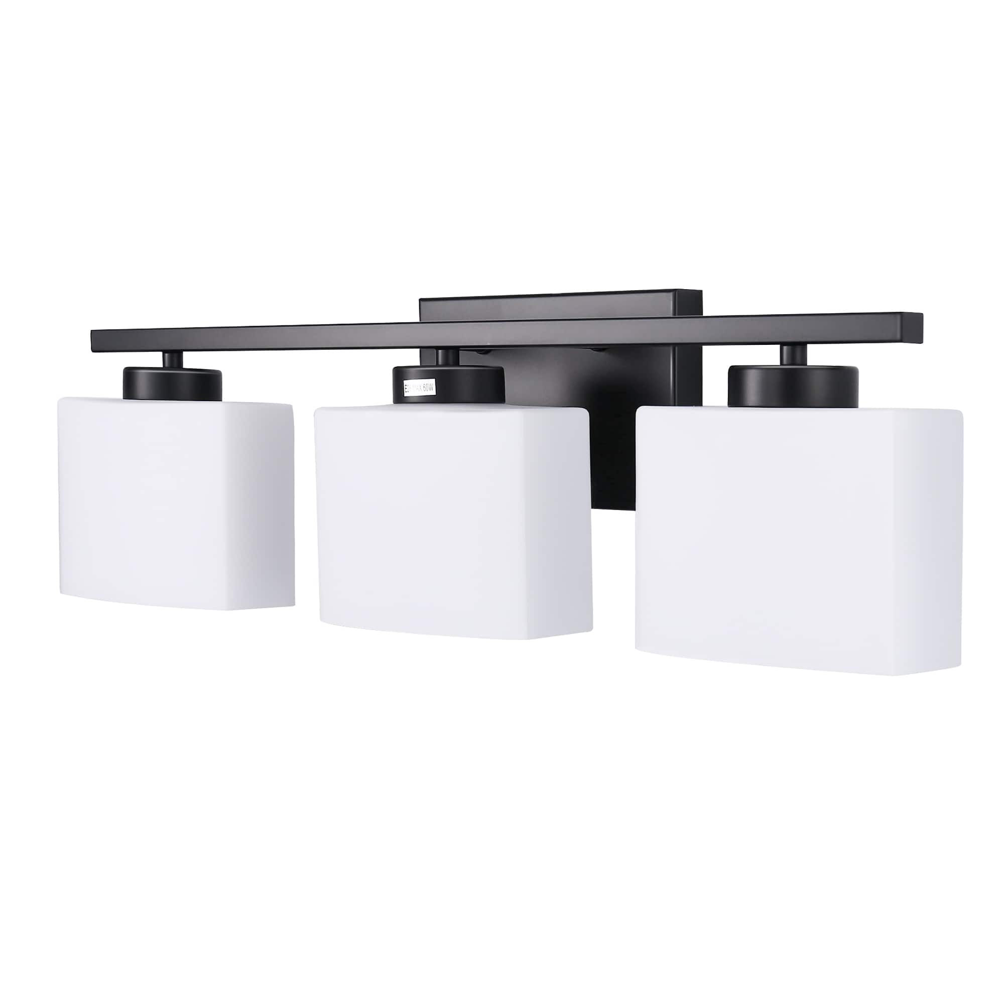 Jandcase - 22 in. 3 Light Matte Black Modern Square with Milk White Shades Vanity Light for Bathroom, Bedroom, Living Room